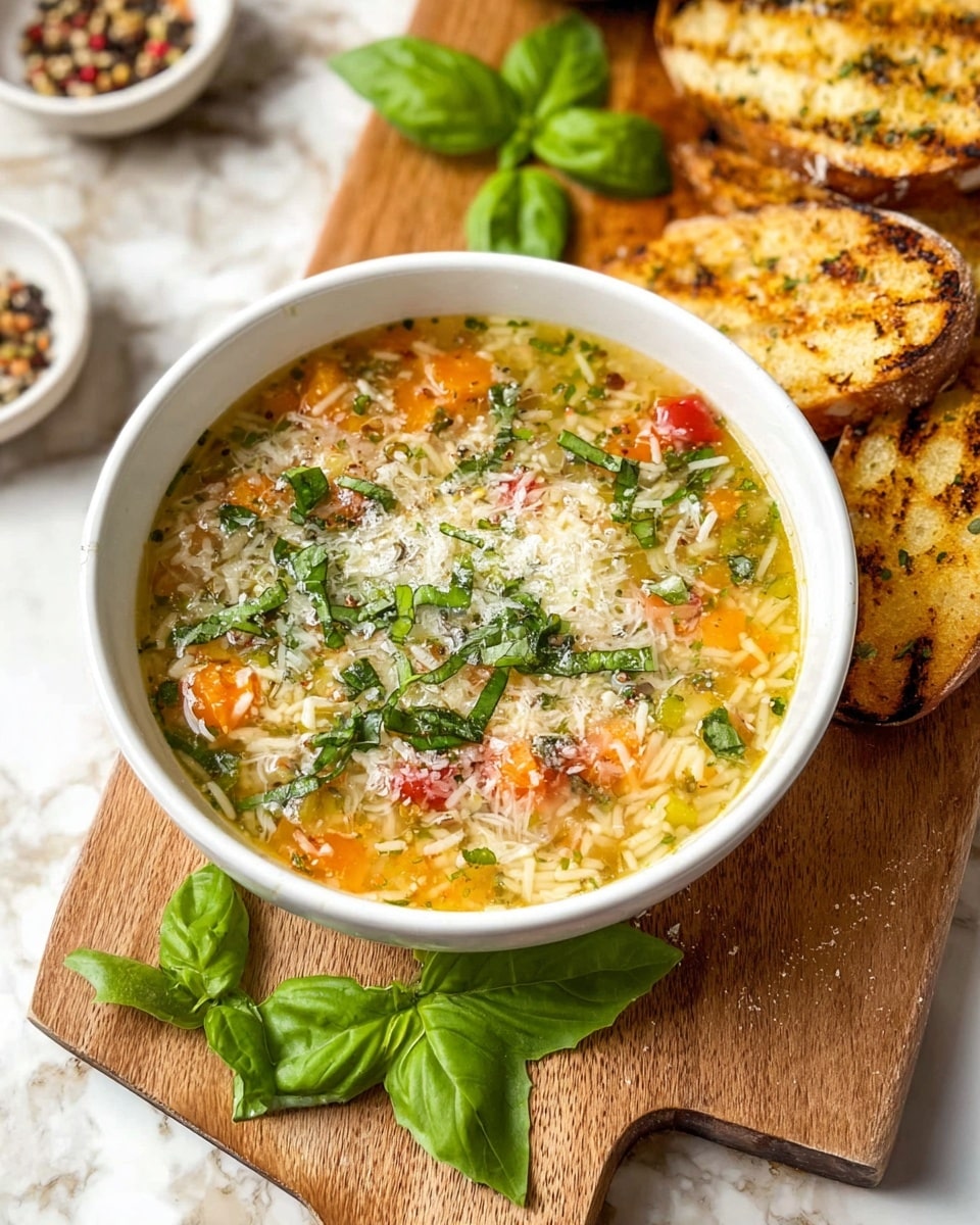 The image shows a white bowl filled with a clear broth soup containing three visible layers: the base layer is a light yellow-green broth, the middle layer has finely shredded white pasta and small diced orange carrots, and the top layer is garnished with chopped green herbs, red tomato pieces, grated white cheese, and fresh green basil leaves arranged mostly in the center; the bowl is placed on a wooden board with grilled golden brown bread pieces on the side, scattered fresh basil leaves around, and a small dish of mixed pepper in the background, all on a white marbled texture. Photo taken with an iphone --ar 4:5 --v 7