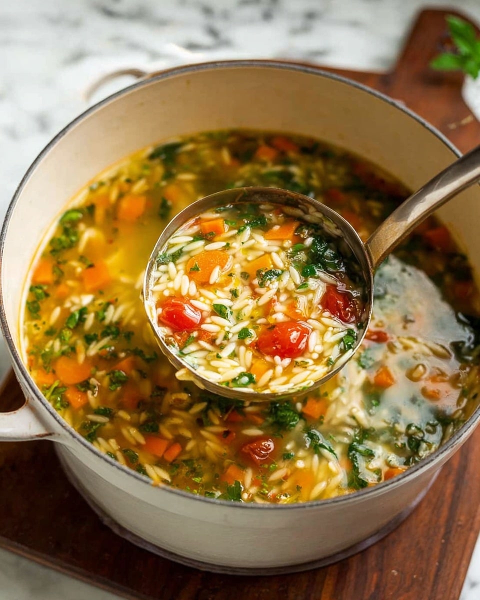 A large white pot filled with clear broth soup containing small orzo pasta, diced orange carrots, bright green herbs, and halved red cherry tomatoes. A metal ladle is scooping up the soup, showing a close-up of the layered colors and textures: the shiny liquid, soft pasta, small vegetable pieces, and herbs mixed together. The pot is sitting on a dark wooden board, and the background features a white marbled texture. photo taken with an iphone --ar 4:5 --v 7
