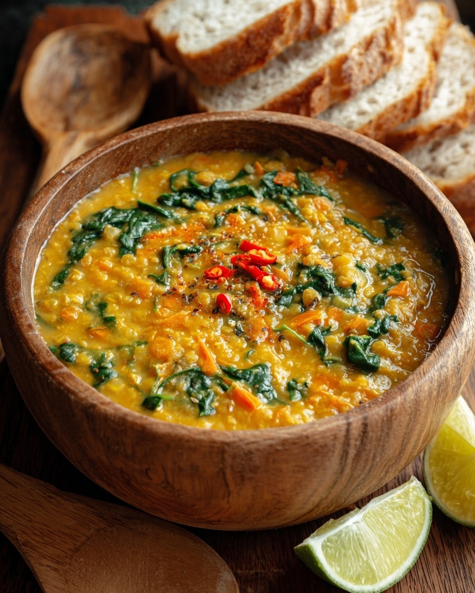 A wooden bowl filled with thick yellow lentil soup that has visible chunks of orange carrot and green spinach leaves mixed throughout. The soup is topped with fresh green cilantro leaves and small bits of red chili flakes. The bowl sits on a wooden board with four slices of crusty bread that have a light brown crust and soft, textured inside. There are also three lime wedges with a light green color placed on the board. In the background, there is a smaller wooden bowl holding lime wedges, all arranged on a white marbled texture. photo taken with an iphone --ar 4:5 --v 7