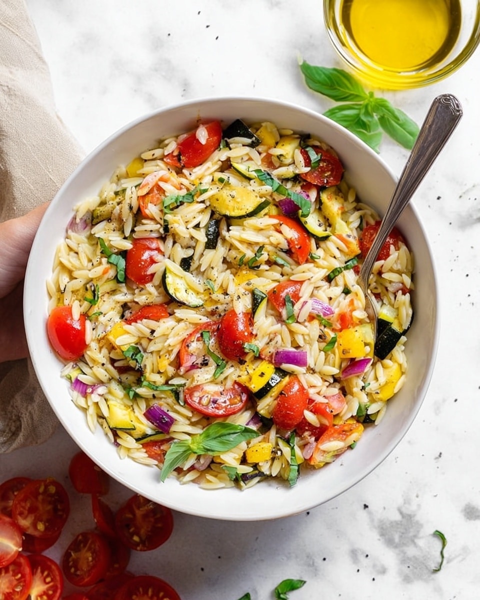 A white bowl filled with a colorful orzo pasta salad that has three main layers: the base is small, rice-shaped orzo pasta in a light ivory color, mixed evenly with diced bright red tomatoes, chopped purple onions, and yellow and green grilled zucchini pieces. On top, there are fresh green basil leaves adding a pop of color, and the dish is sprinkled with black pepper. A silver fork is placed inside the bowl. The bowl sits on a white marbled surface with a glass of golden olive oil nearby and some sliced tomatoes scattered around. A woman’s hand holds the bowl from the side. photo taken with an iphone --ar 4:5 --v 7
