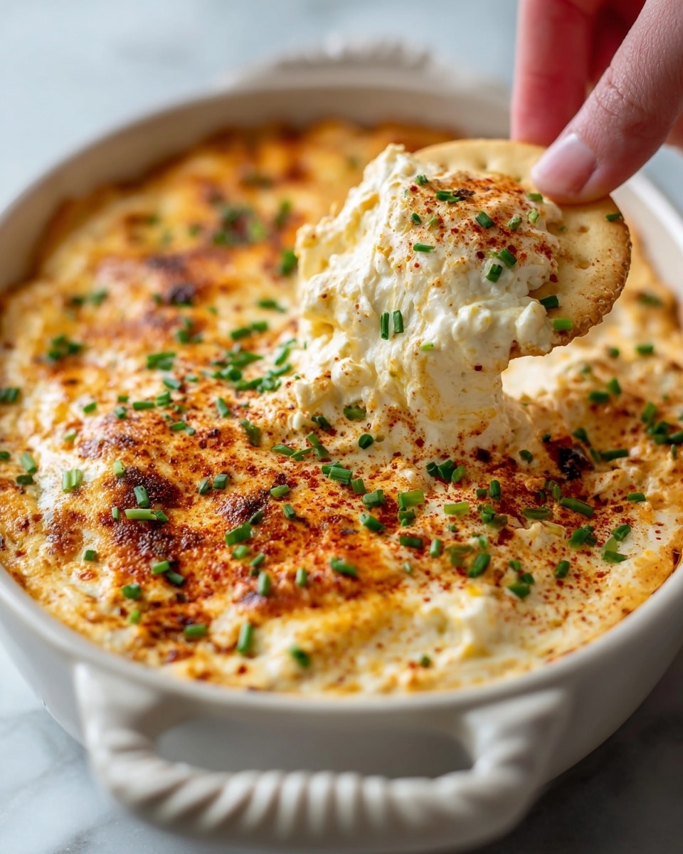 The image shows a close-up of a creamy, cheesy dip in a white dish with a textured handle. The dip has a smooth, golden brown top layer with some browned spots, sprinkled with bright green chopped chives and a dusting of red spice, possibly paprika. A woman's hand holds a round, slightly browned cracker covered in the same creamy dip, lifting it from the dish, showing the thick, soft texture inside. The background is a white marbled texture, out of focus, highlighting the dip's rich and inviting look. photo taken with an iphone --ar 4:5 --v 7