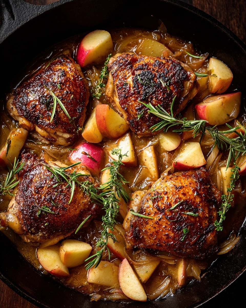 In a black cast iron pan are four browned chicken thighs with crispy skin on top, showing a mix of dark golden and slightly charred spots. Around the chicken are chunks of apples, peeled in parts with red skin visible, and soft cooked onions that appear translucent and caramelized. Fresh green rosemary and thyme sprigs are placed on top and between the chicken pieces, adding a touch of fresh color. The dish sits in a light brown sauce, giving a moist and glossy look to the ingredients. Photo taken with an iphone --ar 4:5 --v 7