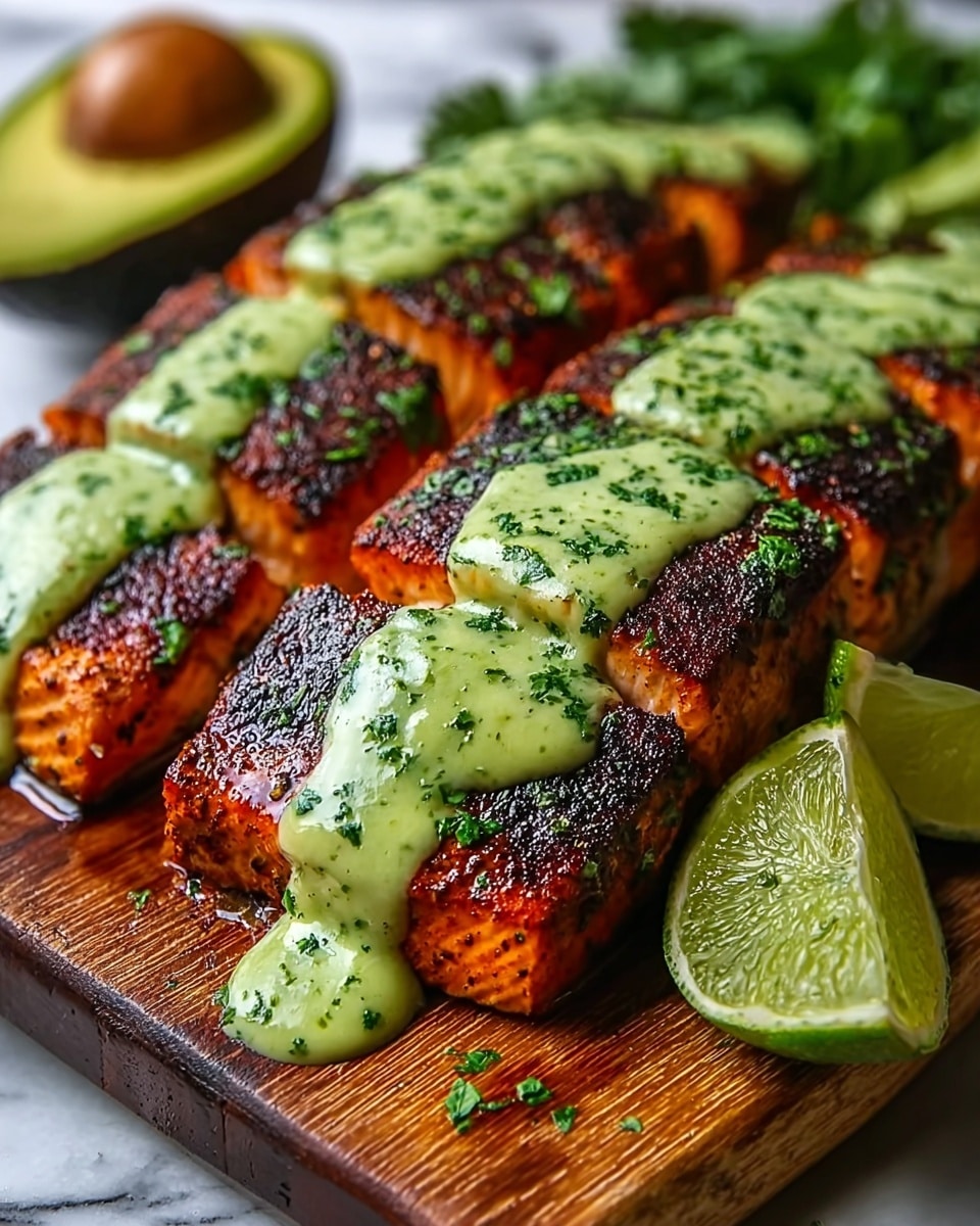 Two thick pieces of salmon with a dark reddish-brown charred crust are placed side by side on a wooden board. Each salmon piece is cut into several slices, and a thick green sauce with chopped herbs is drizzled on top, flowing over the edges. Beside the salmon, there are two halves of a bright green lime, showing their juicy inside. In the background, a sliced avocado is partly visible. The whole setup is on a white marbled surface. photo taken with an iphone --ar 4:5 --v 7