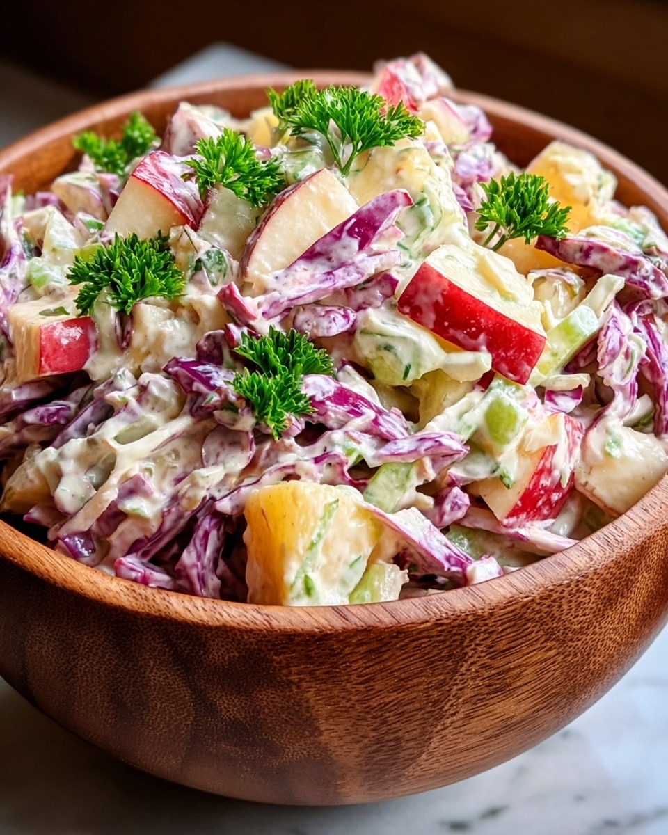 The image shows a wooden bowl filled with a creamy salad made of shredded carrots, chopped red apples, dried cranberries, green chopped scallions, and small walnut pieces all mixed together in a white dressing. The salad is colorful with red, green, white, orange, and dark red tones spread evenly across the bowl. A silver spoon is resting inside the bowl, ready to serve. In the background, there are fresh green scallions and a red apple placed on a white marbled surface. photo taken with an iphone --ar 4:5 --v 7