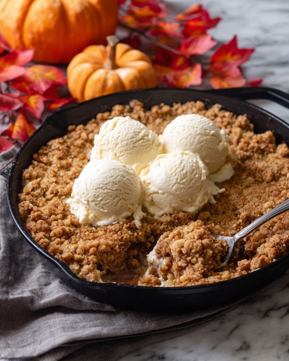 A black cast iron skillet holds a warm dessert with a crumbly, golden-brown topping that covers the whole dish. Three smooth, creamy white scoops of vanilla ice cream sit in the center, slightly melting into the crumbly layer. A spoon in the lower right corner scoops up some of the oozing, thick filling mixed with the crumb topping. The skillet rests on a folded gray cloth, all set against a white marbled surface. Small decorative orange pumpkins and red autumn leaves are blurred in the background, adding a cozy fall feel to the scene. Photo taken with an iphone --ar 4:5 --v 7
