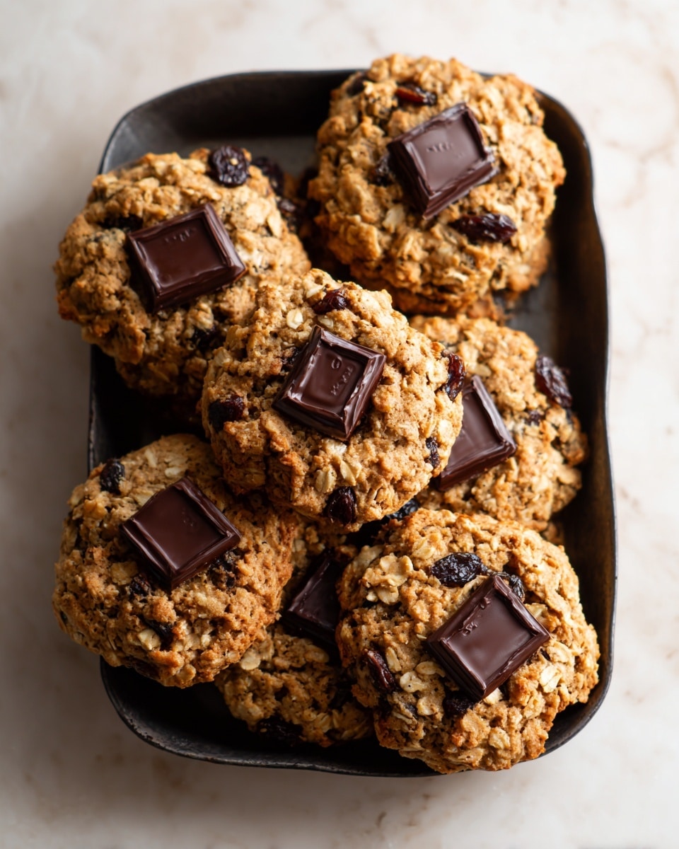 The image shows a black tray holding six oatmeal cookies topped with dark chocolate squares. Each cookie has a rough, chunky texture with visible oats and dark raisins embedded in the golden-brown dough. Two cookies are stacked in the middle of the tray, forming a two-layer pile, while the others lie flat around it. The tray is set on a white marbled surface that softly brightens the scene, and the close-up view highlights the chewy, rustic look of the cookies. Photo taken with an iphone --ar 4:5 --v 7