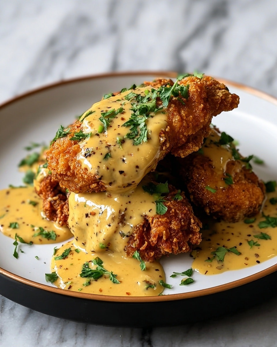 A stack of three crispy fried chicken pieces with a golden brown, crunchy texture is placed on a round white plate with a thin brown rim. The chicken is covered generously with a thick, creamy yellow sauce that has a smooth texture and small specks of black pepper. Fresh green parsley leaves are sprinkled on top of the sauce and scattered around the chicken, adding a pop of color. The plate sits on a white marbled surface, creating a clean and elegant setting. photo taken with an iphone --ar 4:5 --v 7