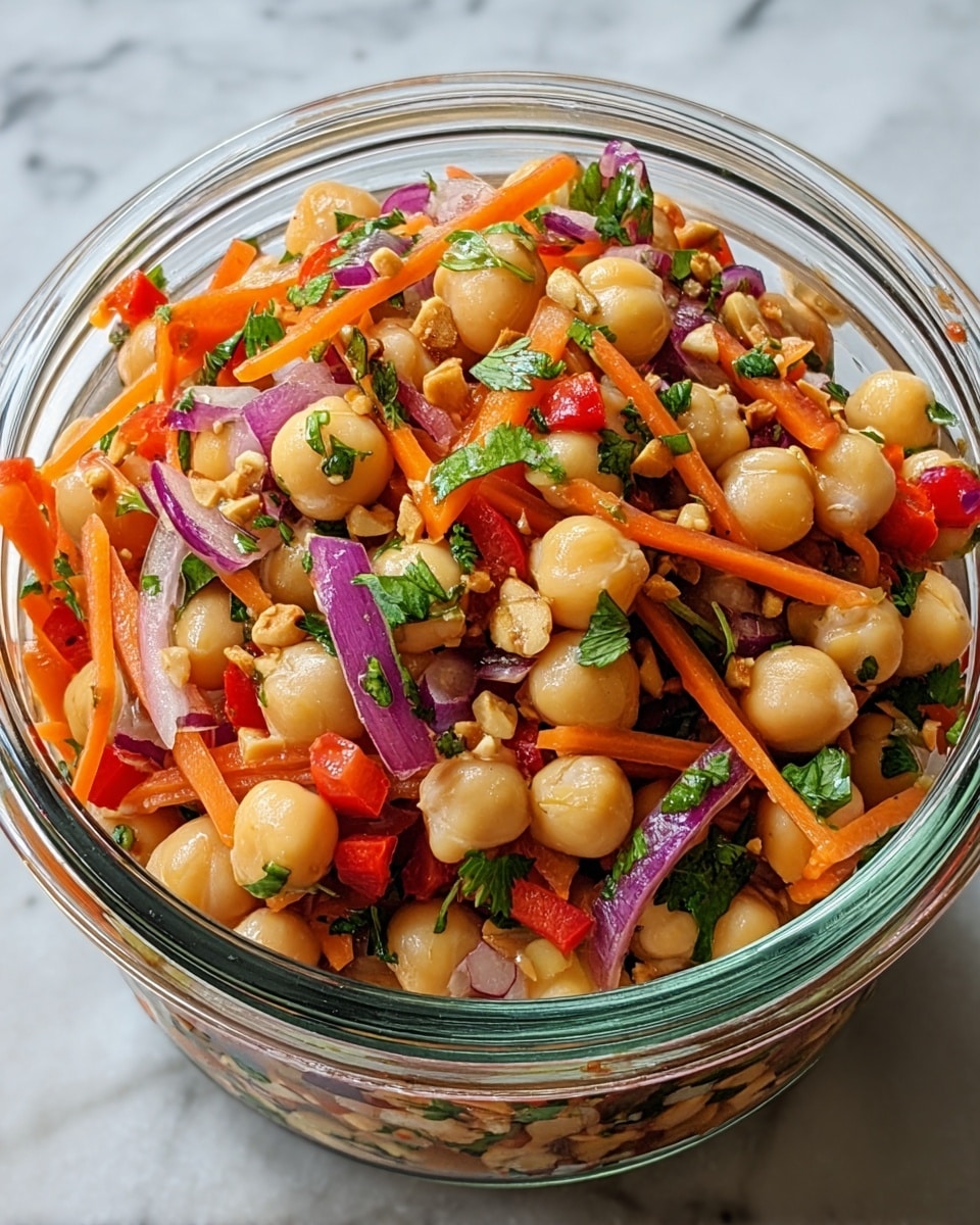 A clear glass bowl filled with a colorful chickpea salad sits on a white marbled textured surface. The dish has three main layers: at the bottom and mixed throughout are round beige chickpeas; throughout there are thin, bright orange carrot strips and small chopped red bell peppers; a layer of finely sliced purple onions and fresh green cilantro leaves are scattered evenly on top and mixed in. The salad appears fresh with a slight shine from dressing, and small bits of crushed nuts add texture. Photo taken with an iphone --ar 4:5 --v 7