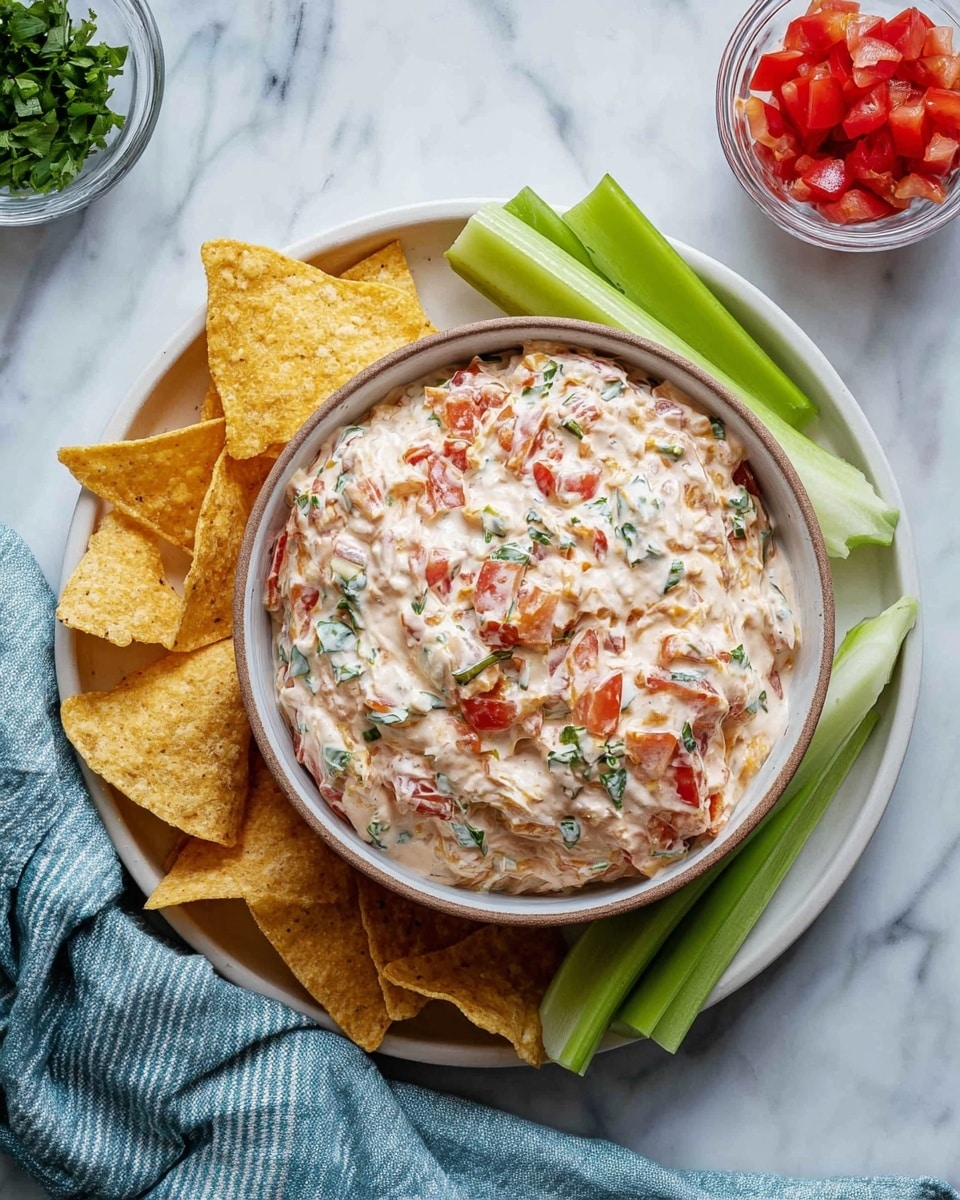 A bowl filled with creamy dip that has visible pieces of red tomatoes and green herbs mixed throughout, giving it a colorful and textured look; the dip is thick and slightly lumpy with a smooth, creamy base. The bowl is placed on a white plate, which holds several light yellow tortilla chips on one side and bright green celery sticks on the other, adding fresh and crunchy elements. Around the bowl, a small glass container contains chopped red tomatoes, and there is a green herb in a small dish nearby. A soft blue cloth with white stripes is casually placed next to the plate, all set on a white marbled surface. photo taken with an iphone --ar 4:5 --v 7