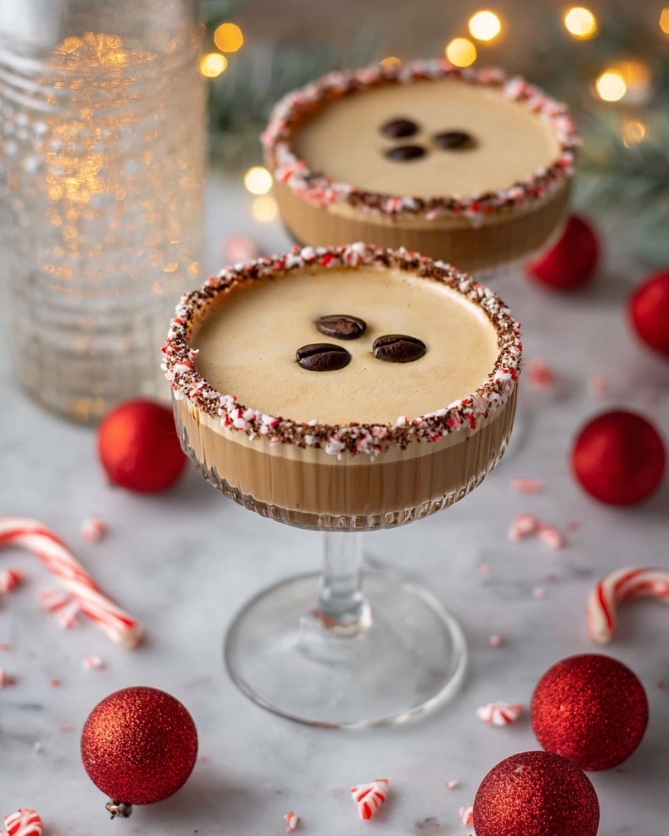 A clear tall-stemmed glass holds a creamy beige drink, topped with a chocolate rim covered in crushed red and white peppermint pieces. The drink looks smooth and thick, filling the glass nearly to the top with a few coffee beans floating on the surface. The glass stands on a white marbled surface scattered with red shiny Christmas ornaments, small candy canes, and coffee beans. In the background, there is a blurred green Christmas tree with warm yellow lights, creating a cozy festive mood. Photo taken with an iphone --ar 4:5 --v 7