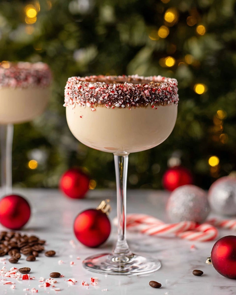 Two creamy coffee drinks are in clear stemmed glasses with white ridged cups. The creamy layer is light brown with a frothy texture on top, with three dark brown coffee beans arranged in the center of each drink. The rims of the glasses are decorated with crushed candy canes and chocolate, giving a festive red, white, and dark brown rough texture around the edge. The glasses sit on a white marbled surface scattered with red shiny Christmas ball ornaments, small candy canes, and some coffee beans. A clear textured bottle is in the background with warm glowing lights out of focus. Photo taken with an iphone --ar 4:5 --v 7