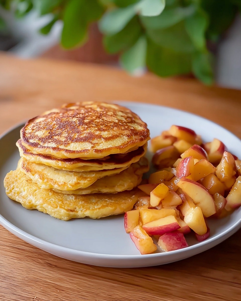 A stack of four golden brown pancakes with a slightly crispy edge sits on the left side of a white plate, each pancake showing a light texture with tiny bubbles on the surface; to the right of the stack is a serving of cooked apple slices with red skins, soft yellow flesh, and a glossy appearance from being cooked, arranged loosely in a small pile. The plate rests on a wooden surface with a blurred green plant in the background. photo taken with an iphone --ar 4:5 --v 7