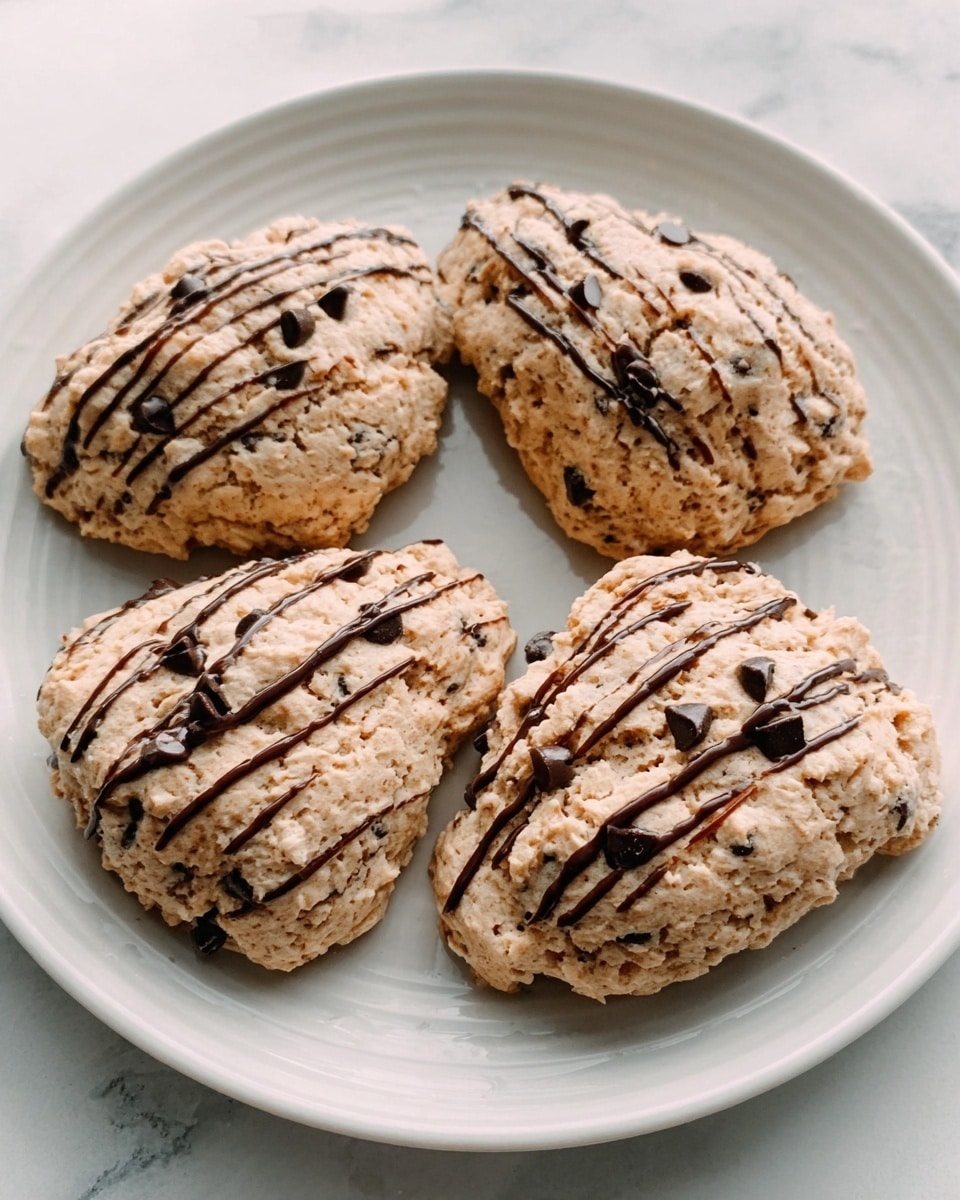 The image shows four large, irregularly shaped cookies resting on a white plate placed on a white marbled surface. Each cookie has a rough, chunky texture with visible small dark chocolate chips scattered throughout. The cookies are light brown with a slightly darker brown drizzle on top, adding contrast and detail. The surface beneath the plate has a shiny, clean white marble look, giving a fresh and simple background. photo taken with an iphone --ar 4:5 --v 7