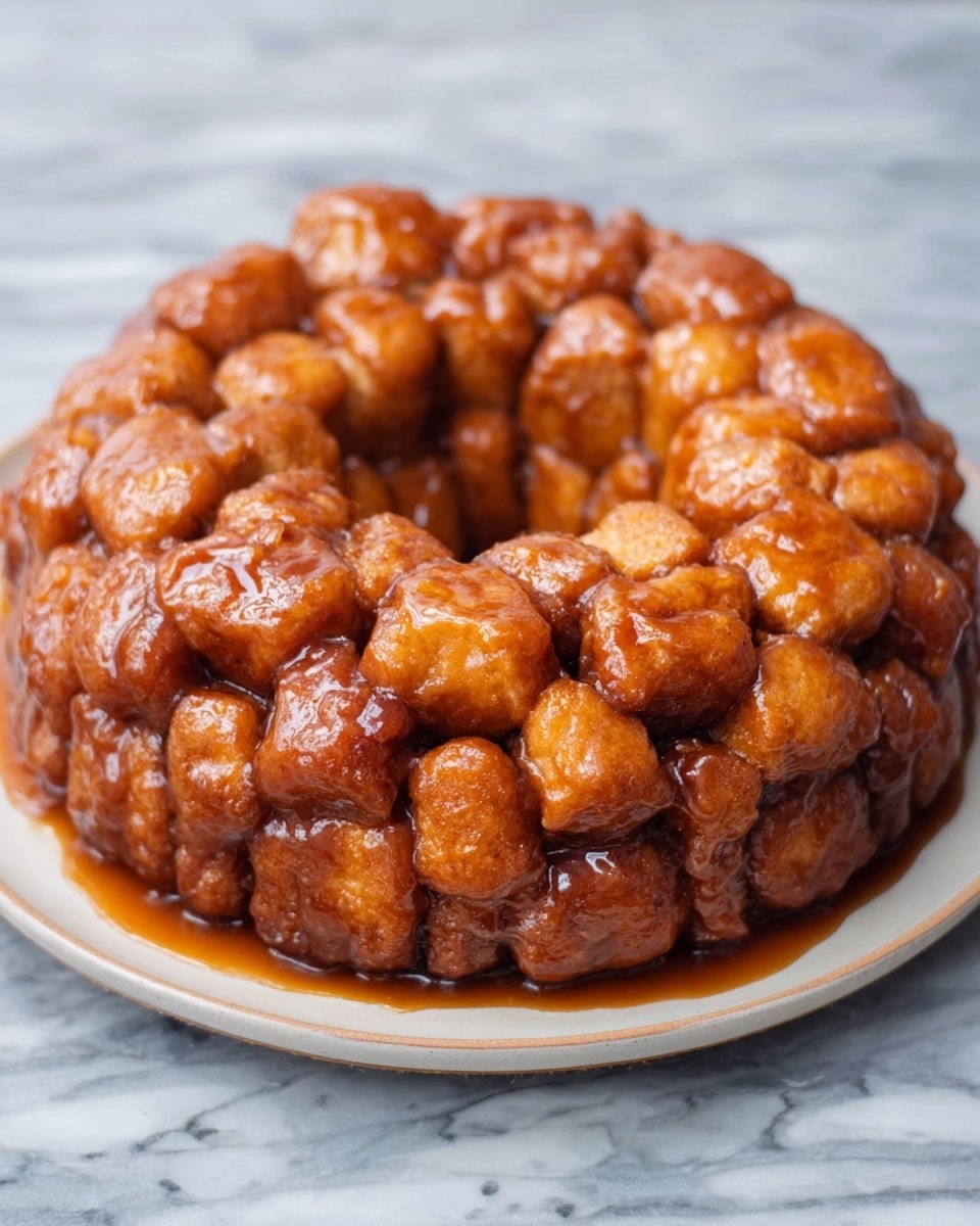 The image shows a single-layered monkey bread arranged in a ring shape on a white round plate, resting on a white marbled surface. The monkey bread is made up of soft, golden-brown dough pieces covered in a shiny, sticky caramel glaze, giving it a rich, glossy look. The texture appears fluffy and slightly uneven with a mix of darker caramelized spots and lighter dough bits. Photo taken with an iphone --ar 4:5 --v 7