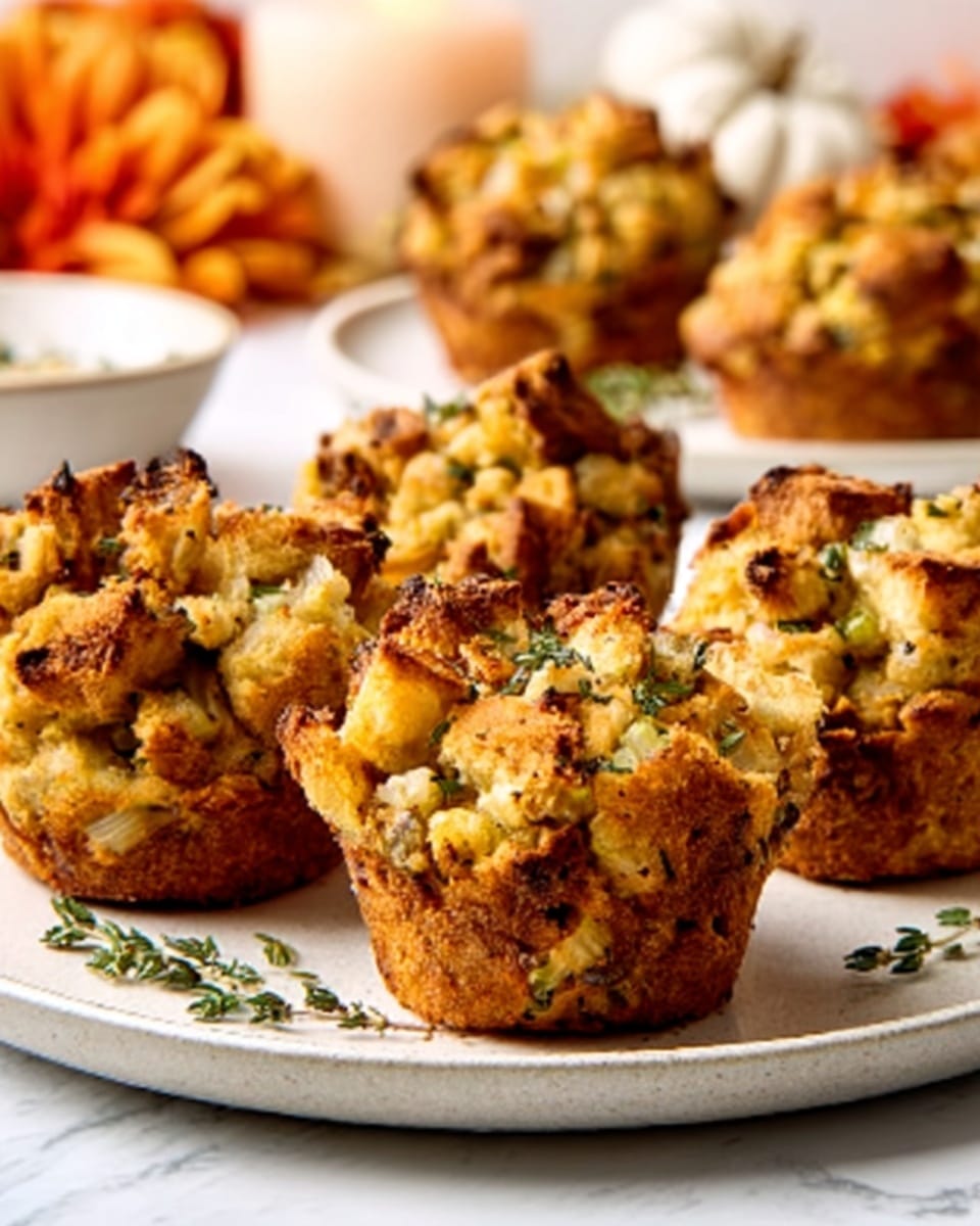 The image shows several round, golden-brown stuffing muffins placed on a plain white plate. Each muffin has a rough texture with visible chunks of bread, bits of herbs, and small pieces of vegetables on the surface, giving it a rustic and savory look. The muffins are puffed up and crispy on the edges, with some pieces sticking out unevenly, showing a mix of light and darker toasted spots. The plate is set on a white marbled surface, with a blurred background that includes soft orange and cream-colored decorative elements, creating a warm, cozy atmosphere. photo taken with an iphone --ar 4:5 --v 7