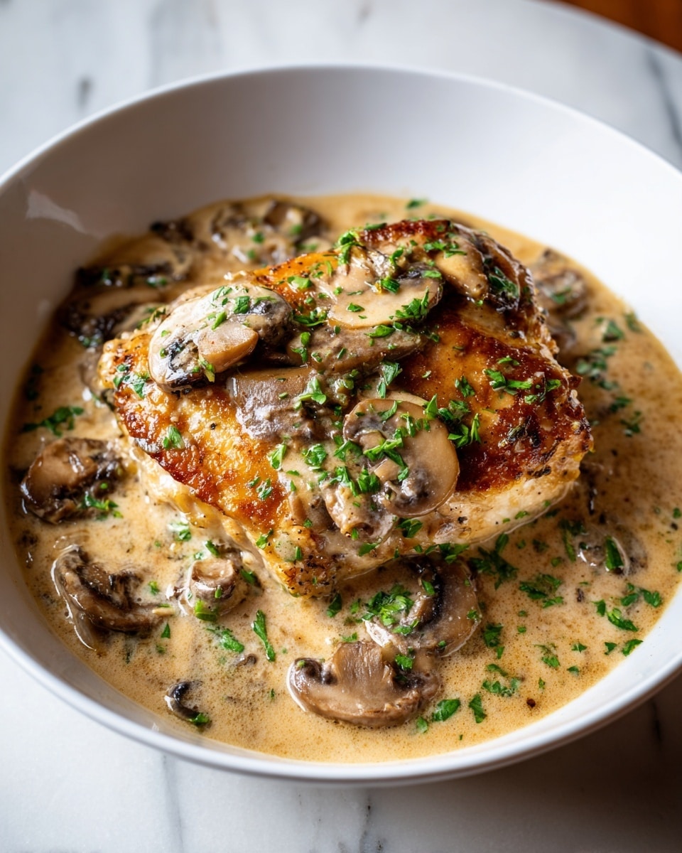 A white bowl holds one thick, golden-brown piece of chicken with a crispy skin, sitting in a creamy, light tan sauce filled with sliced mushrooms of brown and white shades. The sauce covers the base of the bowl and lightly coats the chicken, topped with small bright green chopped herbs scattered across the chicken and sauce. The bowl is placed on a white marbled surface. Photo taken with an iphone --ar 4:5 --v 7