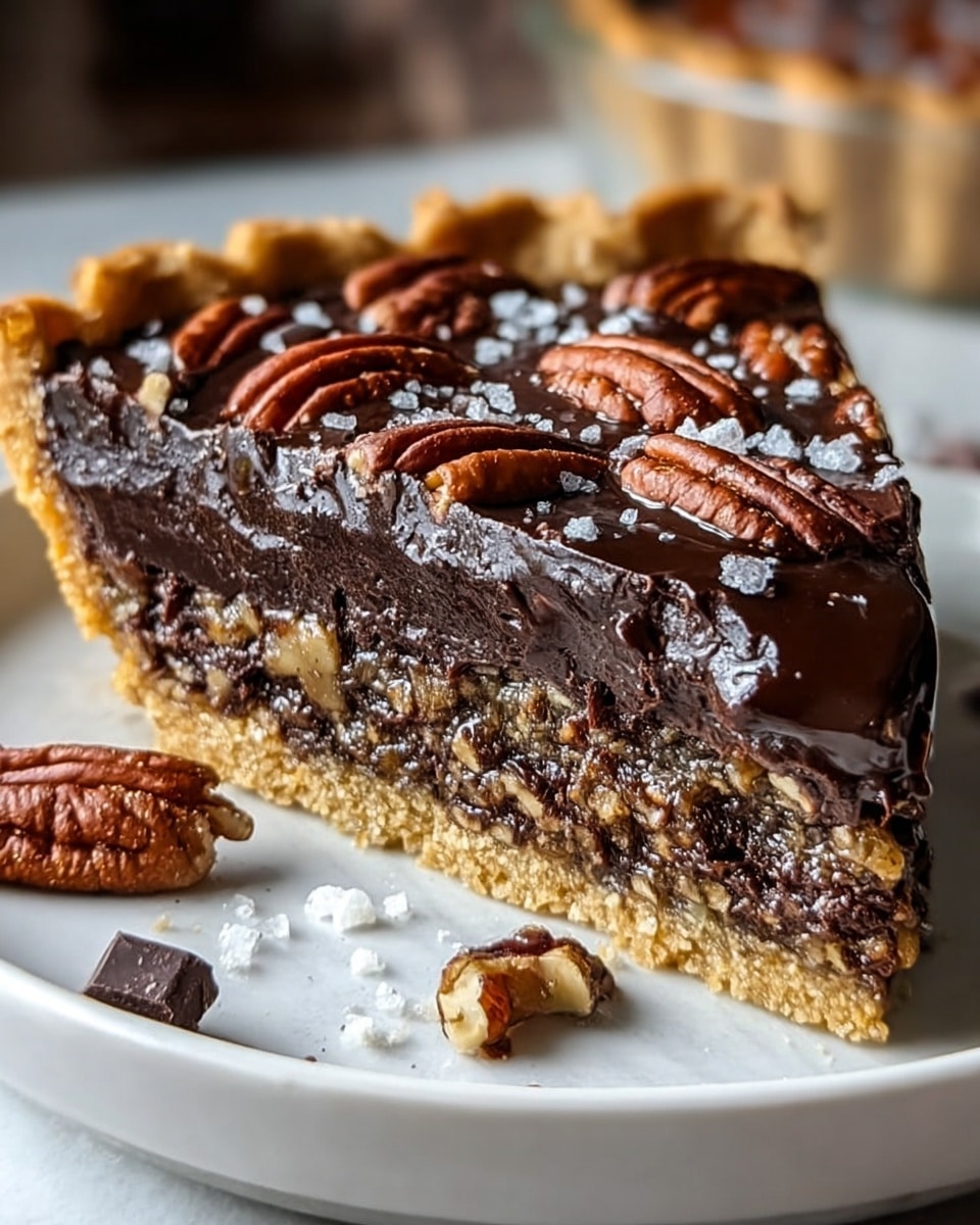 A close-up of a single slice of chocolate pecan pie on a white plate with a white marbled surface. The pie slice has three visible layers: a light golden crumbly crust at the bottom, a thick dark brown chocolate and nut layer in the middle with visible chopped nuts, and a shiny dark chocolate ganache layer on top covered with whole pecans and coarse salt. Small chocolate pieces and nut crumbs are scattered around on the plate. The background is softly blurred, making the pie slice the main focus. Photo taken with an iphone --ar 4:5 --v 7