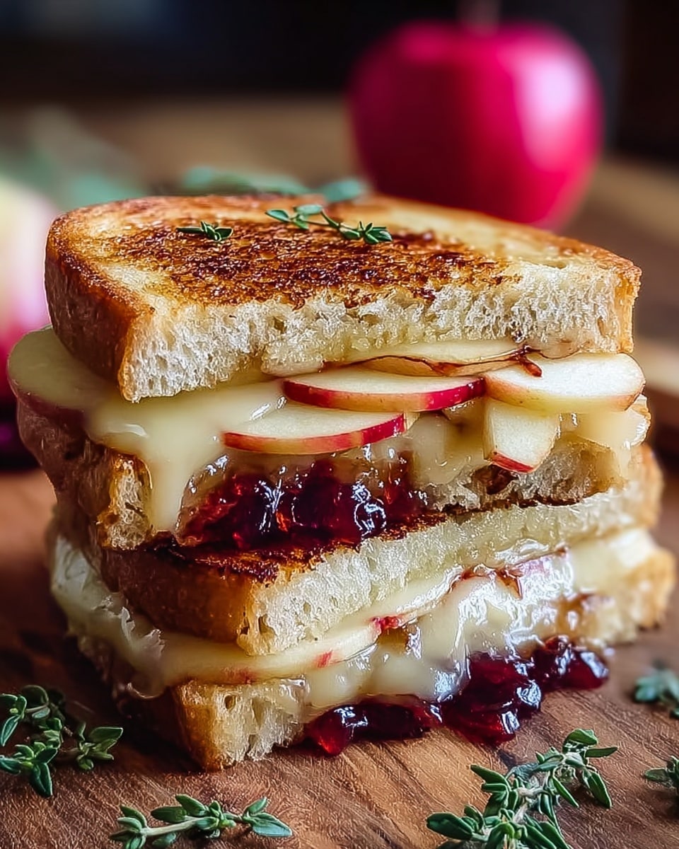 A close-up view of a two-layer grilled sandwich stacked with golden toasted bread. The top layer has thin slices of light yellow melted cheese with a smooth texture, combined with pieces of fresh apple showing red skin and white flesh. The bottom layer contains similar apple slices mixed with melted cheese and a dark red jam, creating a glossy, sticky look. The sandwich sits on a wooden surface with small green herb sprigs scattered around, and a blurred red apple is visible in the background. photo taken with an iphone --ar 4:5 --v 7