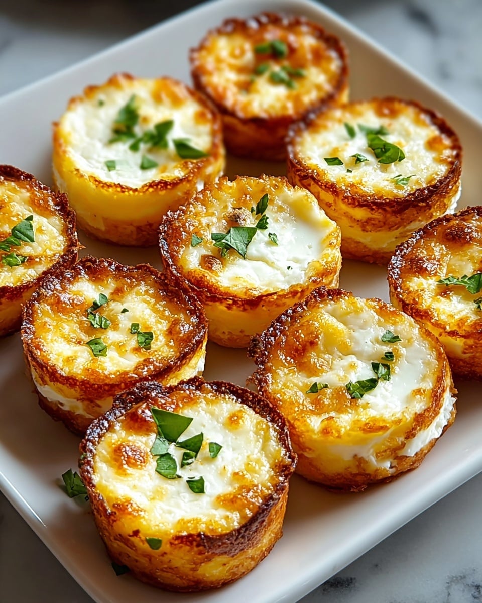 The image shows eight small round bites arranged closely on a white rectangular plate with rounded edges, placed on a white marbled surface. Each bite has two main layers: a golden brown, crispy outer edge and top layer with a slightly uneven, toasted texture, and a soft creamy white middle layer that looks smooth with some small curds visible. Each bite is garnished with small specks of fresh green herbs on top, adding a subtle color contrast. The overall look is warm and inviting with a balance of toasted crispiness and creamy softness, making the bites appear freshly cooked and ready to eat. Photo taken with an iphone --ar 4:5 --v 7