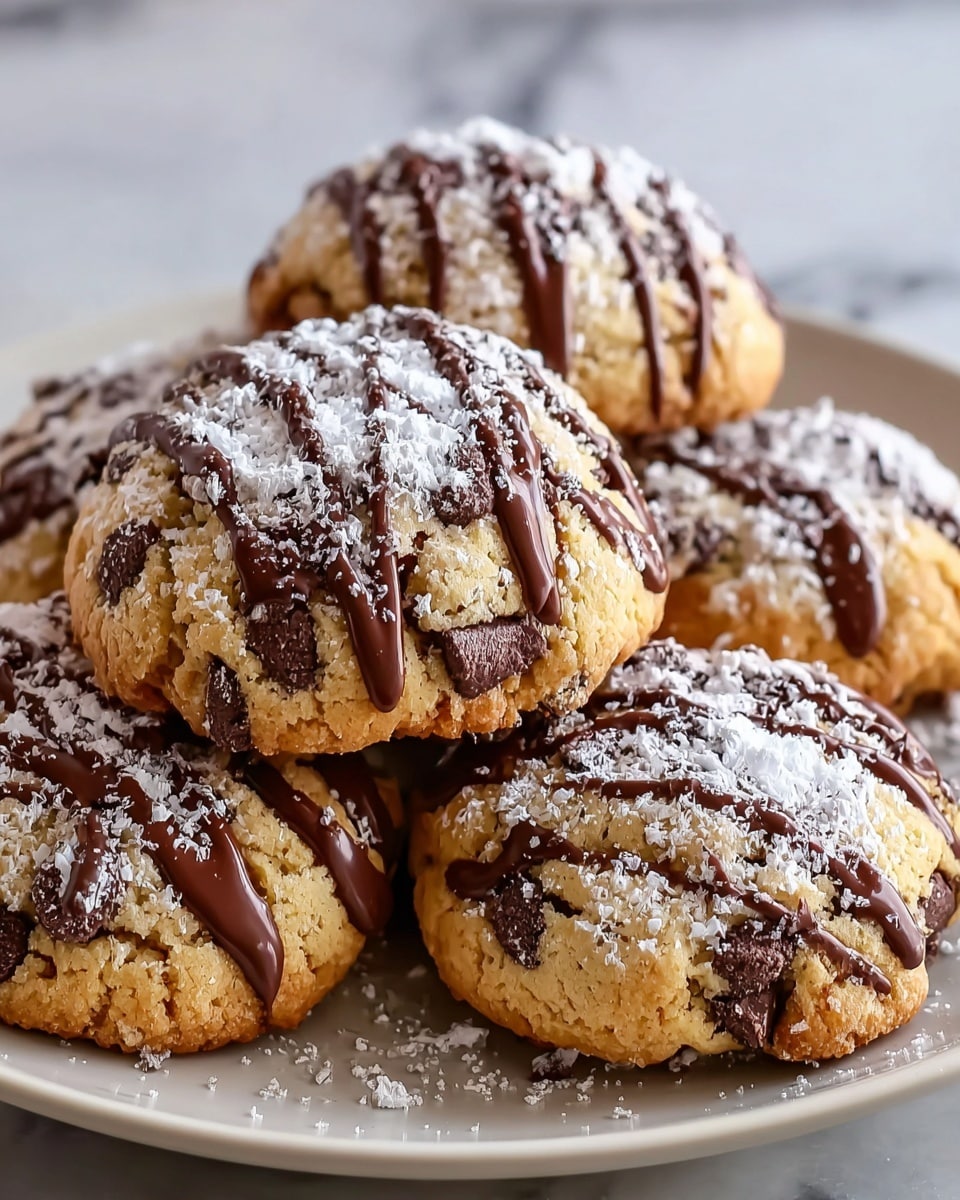 A close-up of five soft, thick cookies stacked on a round white plate, each cookie with a pale golden dough base mixed with dark chocolate chips, topped with thin dark chocolate drizzle in curved lines, and a fine layer of white powdered sugar dusting evenly across the top, the cookies showing a slightly crumbly texture and light cracks on the surface, set on a white marbled texture surface in soft natural light, photo taken with an iphone --ar 4:5 --v 7