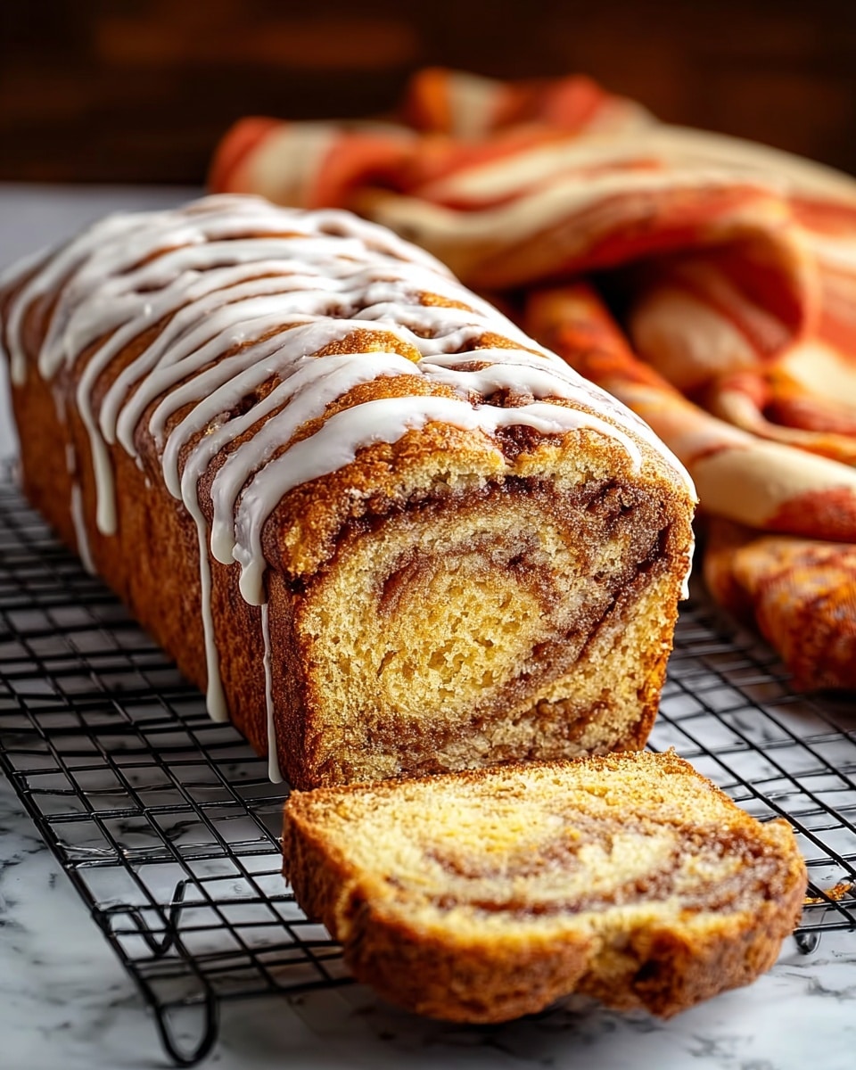 A loaf of cinnamon swirl bread is shown on a black cooling rack with one thick slice cut and placed in front. The bread has a golden brown crust with a moist, soft yellow interior swirled with dark brown cinnamon layers. The top is drizzled with white icing in thin lines that drip down the sides. The setup is on a white marbled surface with a blurred orange and cream cloth in the background. photo taken with an iphone --ar 4:5 --v 7