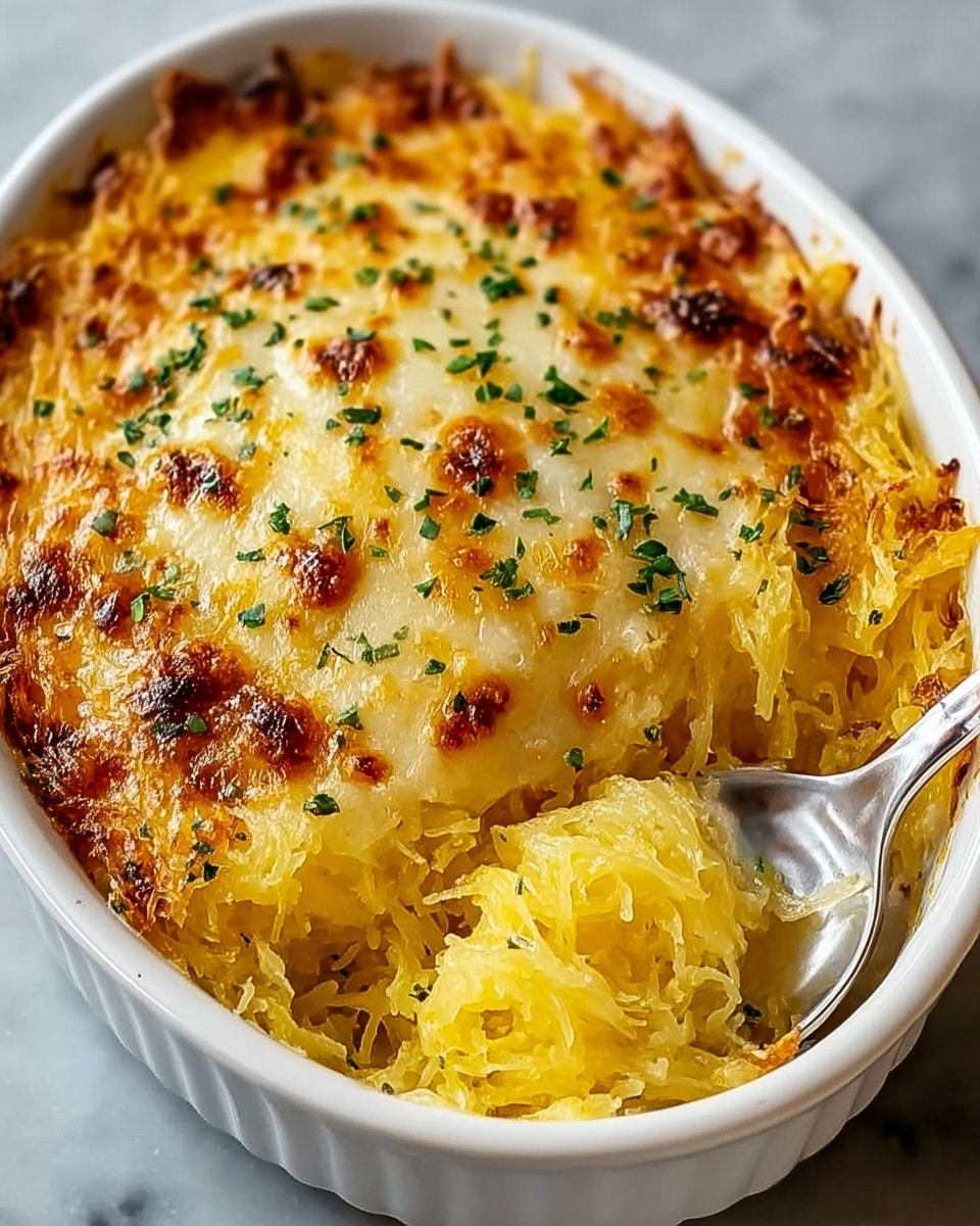 A close-up of a single serving of baked spaghetti squash casserole on a white plate. The dish has at least two visible layers: the bottom layer is tender, pale yellow spaghetti squash strands with a soft and slightly juicy texture, while the top layer is golden-brown melted cheese that is bubbly and slightly crispy with small browned spots. Tiny green herb leaves are sprinkled on top, adding a fresh look. A silver fork is pulling some soft strands from the side, showing the creamy inside against a white marbled surface. Photo taken with an iphone --ar 4:5 --v 7