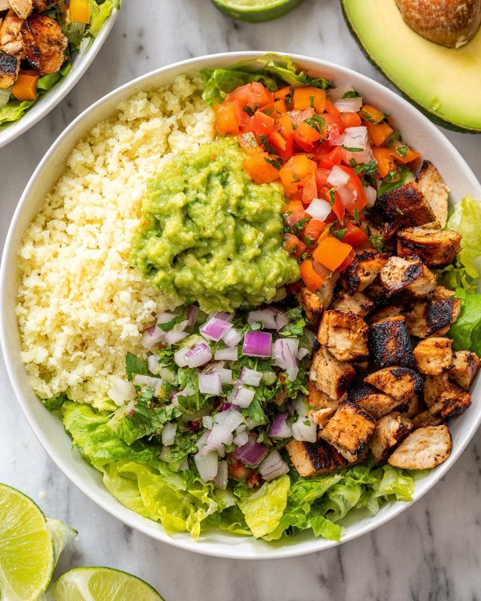 A white bowl contains four main layers arranged side by side: on the left is a light yellow, fluffy cauliflower rice; next to it is a bright green, chunky guacamole topped with small pieces of purple onion; following that is a mix of red and orange diced tomatoes combined with finely chopped white onion and green herbs; on the right side, there are grilled chicken pieces with a browned, slightly charred texture. Underneath all these toppings is a bed of crisp, dark green romaine lettuce leaves. Two small lime wedges sit at the edge of the bowl, with part of another similar bowl and a halved avocado with a large brown seed visible in the background, all placed on a white marbled surface. Photo taken with an iphone --ar 4:5 --v 7
