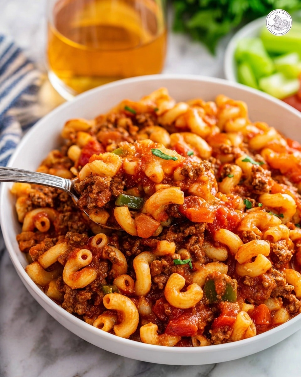 In a close-up view, a white bowl with small gold dots holds a hearty dish of macaroni pasta mixed with a thick, chunky tomato sauce. The sauce contains a rich mix of cooked ground meat pieces, bright red tomato chunks, and bits of translucent onion, all coated in a vibrant red-orange sauce with a slightly glossy texture. Some small green herb bits are sprinkled on top, adding contrast. The bowl sits on a white marbled surface, and in the blurred background, an amber-colored iced drink and fresh green produce are faintly visible. photo taken with an iphone --ar 4:5 --v 7