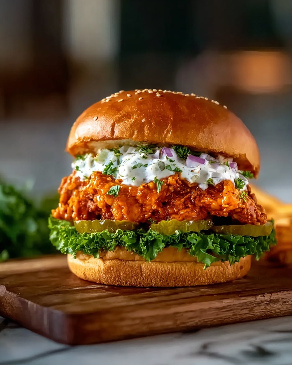 A crispy fried chicken sandwich is shown on a soft, golden-brown bun with a smooth top sprinkled with sesame seeds. The sandwich has four layers: at the bottom, there are green leafy lettuce and slices of pickles, followed by a thick, crunchy piece of fried chicken coated in a spicy orange sauce. On top of the chicken is a dollop of white creamy sauce with visible bits of purple onion and green herbs, and the bun completes the sandwich at the top. The sandwich is placed on a wooden cutting board with a white marbled texture background that is softly blurred, highlighting the sandwich's texture and vibrant colors. Photo taken with an iphone --ar 4:5 --v 7