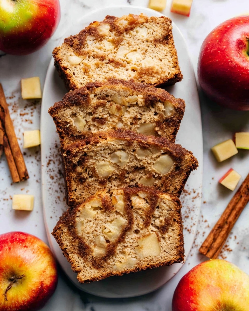 A white plate with four slices of apple cinnamon bread arranged in a slightly overlapping row, each slice showing a soft, light brown texture with visible small apple chunks and swirls of cinnamon. The loaf’s crust is darker brown and textured, sitting at the right side with crumbly top showing cinnamon swirls. Around the plate, there are three fresh red and yellow apples, scattered cinnamon sticks, and small diced apple pieces. The background is a white marbled surface. photo taken with an iphone --ar 4:5 --v 7
