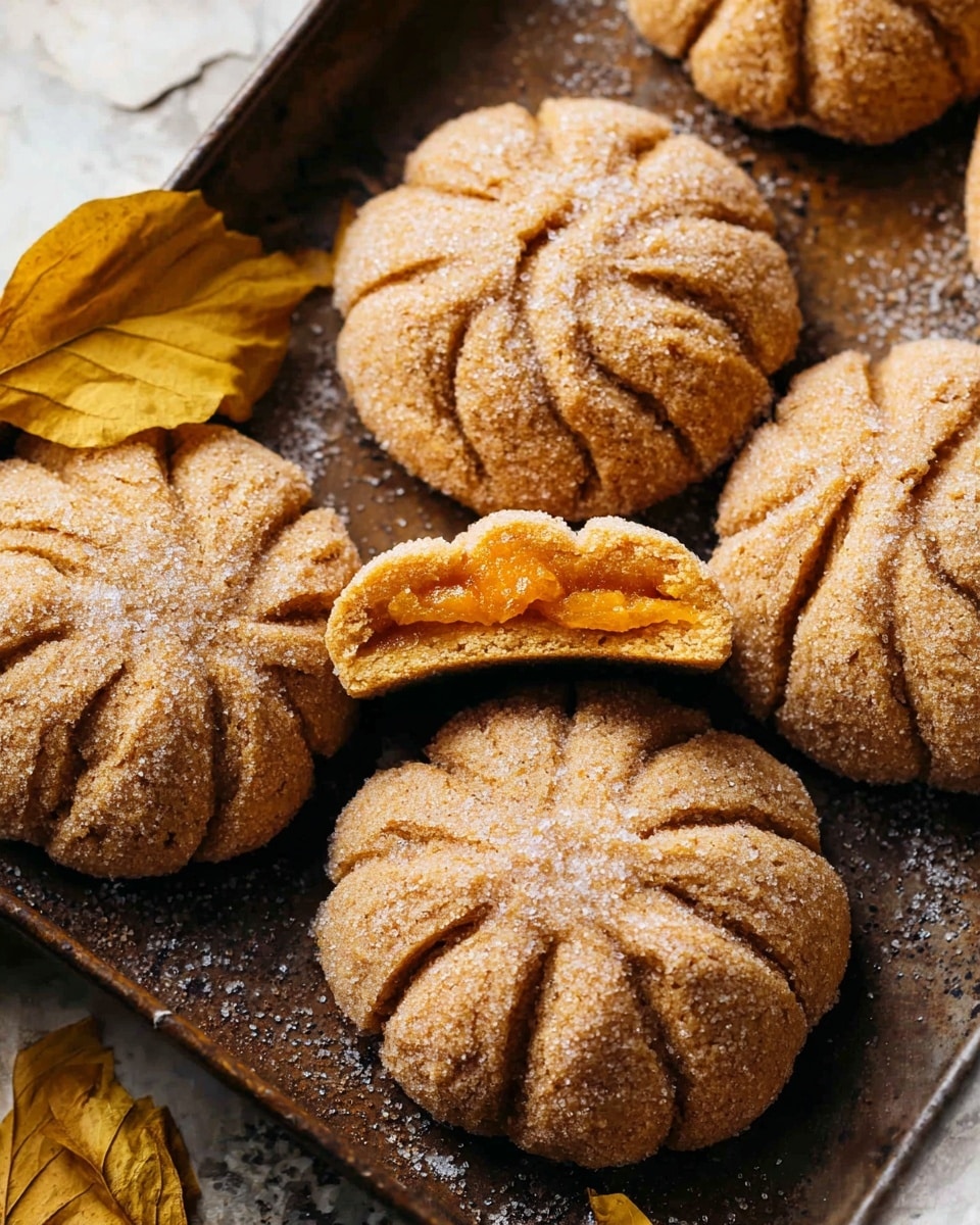 The image shows five round pumpkin-shaped cookies arranged on a dark brown baking tray. Each cookie has a light brown, slightly rough texture with visible sugar crystals sprinkled on top. The cookies have curved engraved lines, resembling pumpkin ridges, with one cookie broken in half revealing a soft orange filling inside. The edges of the cookies are crinkled and appear slightly thicker than the center. The upper part of the image also shows a few dried yellow-orange leaves on the tray's edge. The background beneath the tray has been changed to a white marbled texture. Photo taken with an iphone --ar 4:5 --v 7