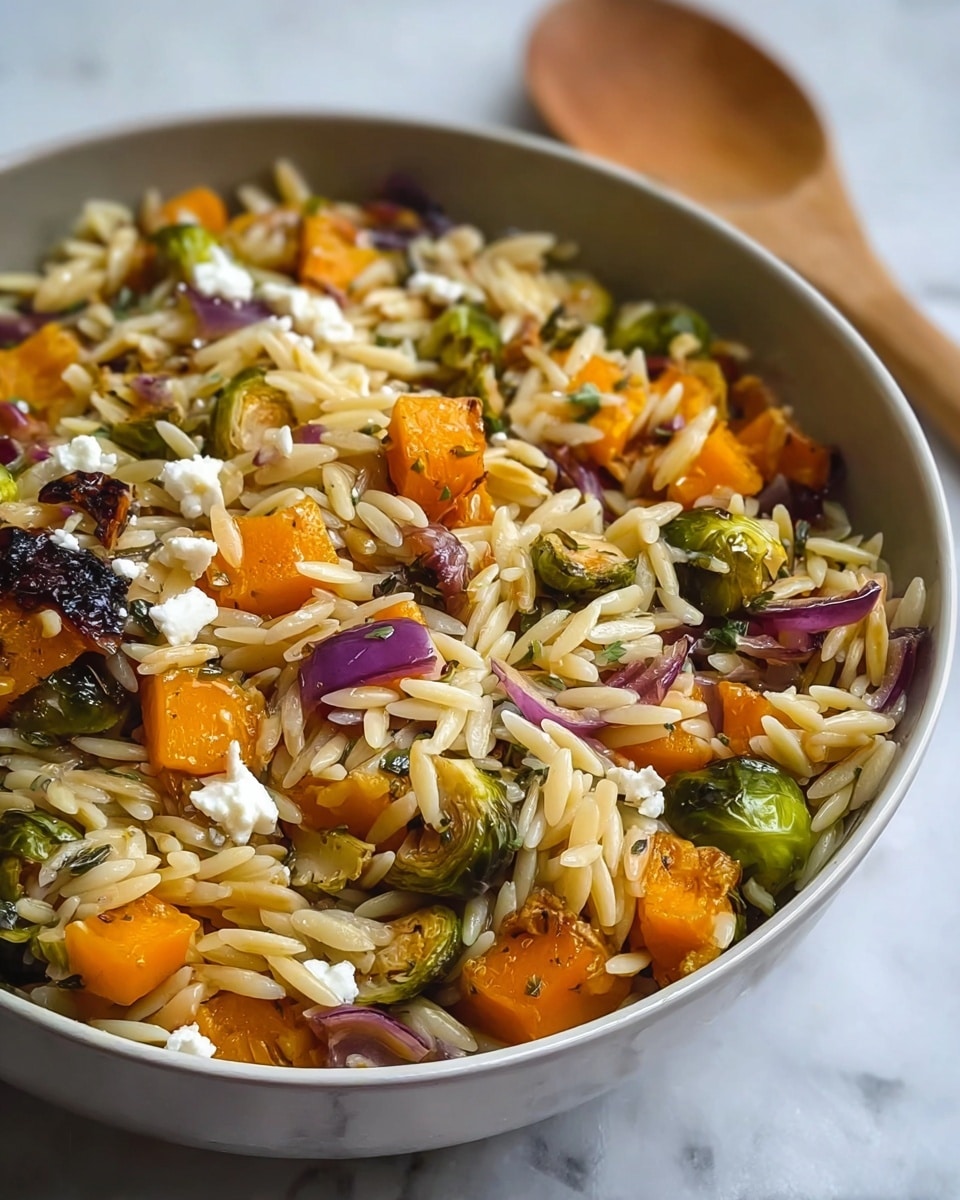 A white plate filled with a dish that has three main layers: the first layer is light yellow orzo pasta scattered evenly across the plate, giving a smooth texture. The second layer includes roasted bright orange pumpkin cubes and charred green Brussels sprout halves mixed with thin slices of soft purple-red onion spread throughout. Finally, the top layer features small dollops of crumbly white goat cheese sprinkled over the vegetables and pasta, with tiny bits of green herbs adding a fresh touch. The plate is placed on a white marbled surface. photo taken with an iphone --ar 4:5 --v 7