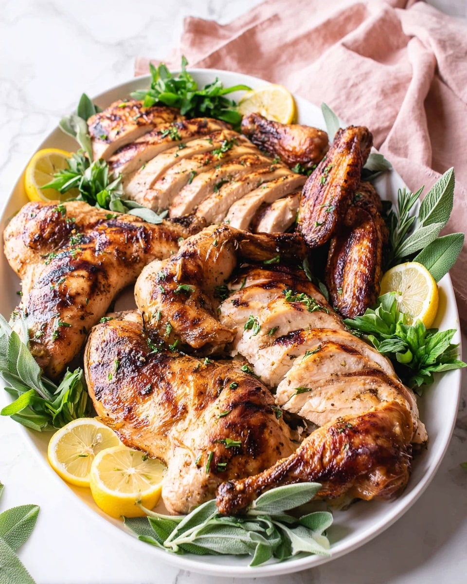 A white oval plate holds a variety of cooked chicken pieces with golden brown, crispy skin showing light charring and grill marks, arranged in a slightly overlapping manner. There are two large sliced chicken breasts with tender white meat visible inside, three browned chicken wings with glossy skin, and a chicken drumstick with a browned surface. Around the chicken, fresh bright green herbs like parsley, basil, and sage leaves are scattered, adding vibrant touches of color. Lemon wedges with bright yellow skin and pale juicy interiors are placed in three corners of the plate. The plate is set on a white marbled surface with a soft pink cloth in the background. Photo taken with an iphone --ar 4:5 --v 7