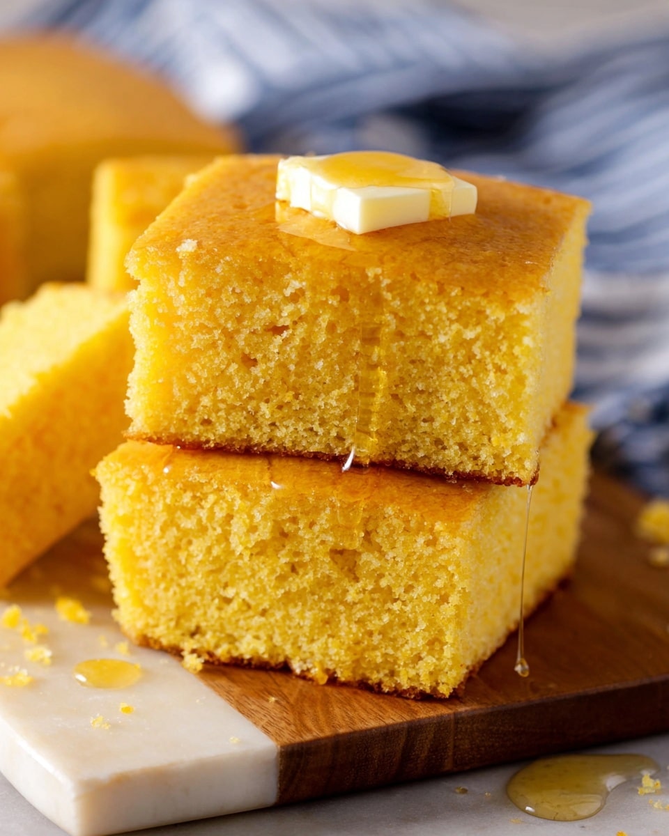The image shows two pieces of golden yellow cornbread stacked on top of each other on a pale wooden board with a white marbled surface underneath. The top piece has a small square pat of melted butter resting on it, with honey dripping down the sides, creating shiny streaks on the soft, porous texture of the cornbread. Around the board, there are more pieces of cornbread, all with a moist and crumbly texture. In the background, a soft, blurred blue and white striped cloth is visible. photo taken with an iphone --ar 4:5 --v 7