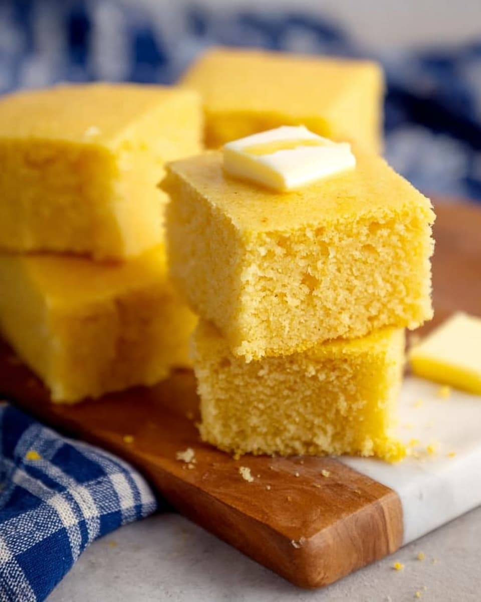The image shows several square pieces of moist yellow cornbread stacked on a wooden board with a white marbled base. The top piece has a small square of pale yellow butter melting gently on its surface, giving a soft shine to the textured crumb. The cornbread looks soft and slightly crumbly with a smooth top layer and an airy interior. In the background, a blurred blue and white checkered cloth adds a cozy touch, all set against a white marbled surface. Photo taken with an iphone --ar 4:5 --v 7