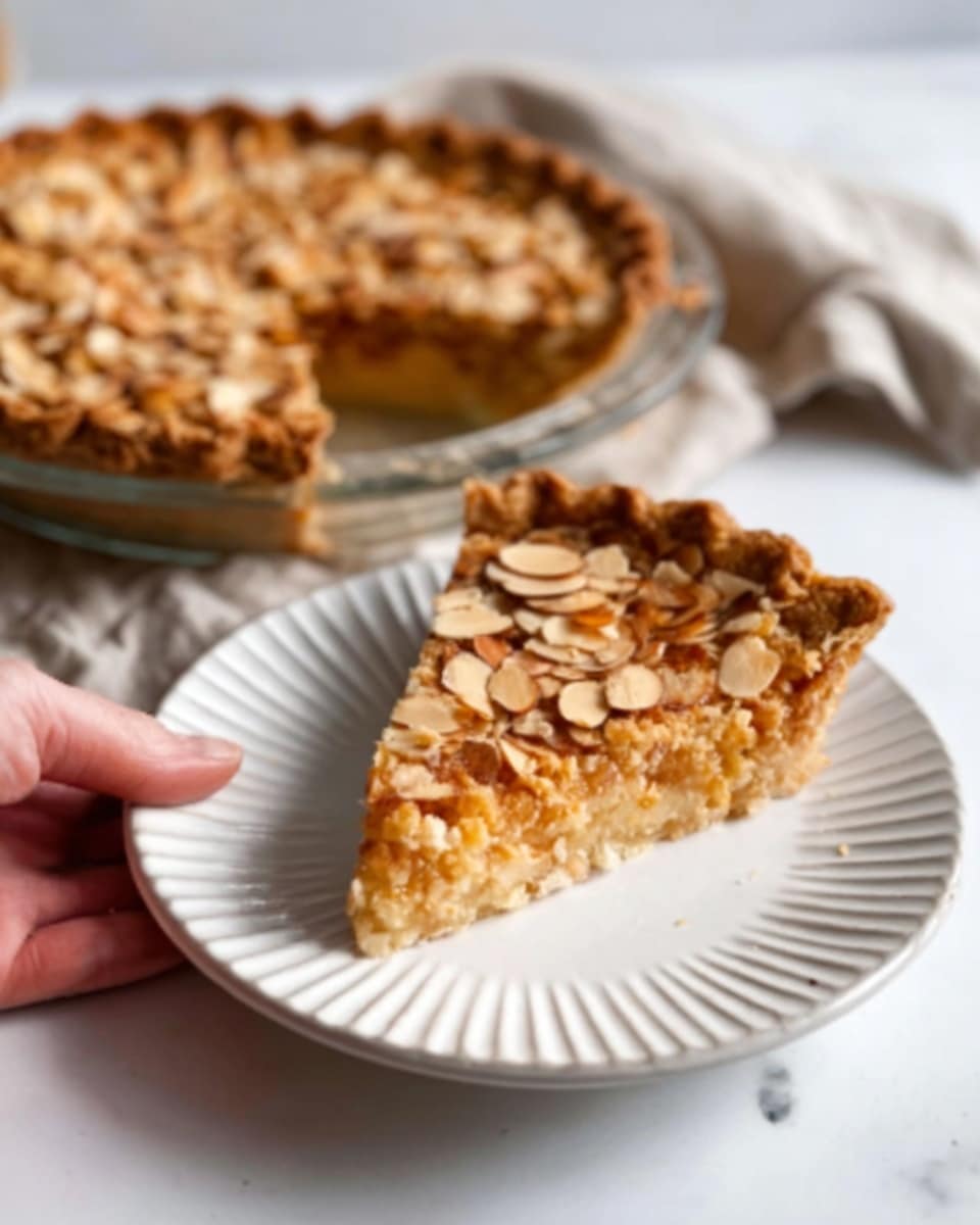 A slice of golden almond pie with a crumbly, crunchy top layer filled with toasted almond slices sits on a white plate with fine circular ridges. The pie's main layer is light brown and smooth, showing a firm texture inside the pie crust which is golden-brown and slightly flaky. Next to the plate, a woman's hand holds the edge of the slice, ready to lift it. In the background, the remaining pie is in a glass pie dish, showing the same textured almond topping and crust, all placed on a white marbled surface with a neutral-colored linen napkin nearby. photo taken with an iphone --ar 4:5 --v 7