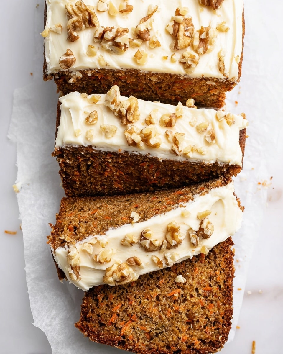 The image shows a loaf of carrot cake sliced into four pieces arranged vertically on white parchment paper over a white marbled surface. The bottom layer is a moist brown cake with visible bits of grated carrot and nuts inside. The second layer is a thick, creamy, off-white frosting spread evenly on top of the cake, covered with chopped walnuts scattered on top. The three upper slices are stacked slightly overlapping each other, showing the brown carrot cake base with the creamy white frosting layer on top and sprinkled chopped walnuts as the final top layer. Photo taken with an iphone --ar 4:5 --v 7