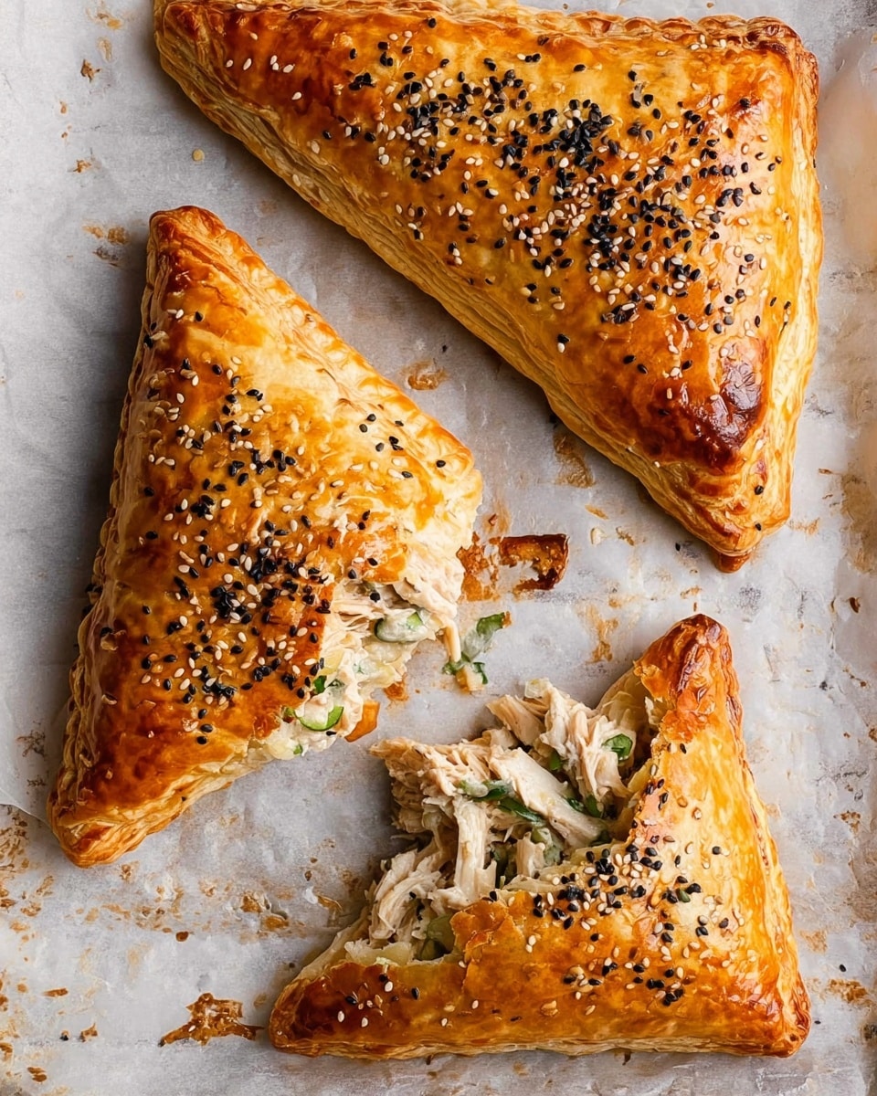 Three golden-brown triangle-shaped pastries on a sheet of baking paper over a white marbled surface, each with a shiny, textured crust topped with scattered black sesame seeds. The largest pastry is whole, sitting at the top right, while the other two are partially broken open, revealing creamy white filling with pieces of shredded chicken and green herbs inside. The edges of the pastries are sealed with a crimped pattern creating a ridged border. The pastries show a mix of flaky and slightly crispy textures with some darker browned spots around the edges and crust. photo taken with an iphone --ar 4:5 --v 7