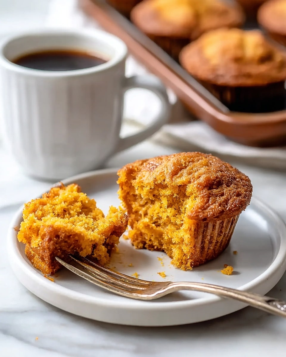 A single orange-brown muffin is placed torn apart on a plain white plate, showing its soft, crumbly texture inside. The muffin’s surface looks rough and slightly uneven, with a darker, crispy crust around the edges. A silver fork rests on the right side of the plate with a small piece of the muffin stuck onto its tines. Behind the plate, there is a white ceramic cup filled with dark coffee and a baking tray holding more muffins in the background, all set on a white marbled surface. The photo taken with an iphone --ar 4:5 --v 7
