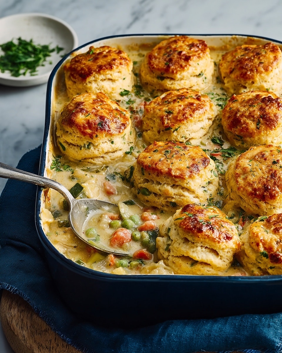 There is a dark blue baking dish filled with a creamy chicken and vegetable stew base that includes pieces of green, red, and orange vegetables. On top, there are ten large, golden-brown biscuits with a crispy texture, arranged in a close grid. The biscuits have an airy, fluffy look with some green herb flecks on them. A silver spoon is scooping up some of the stew and biscuits, adding motion to the scene. The dish sits on a wooden surface partly covered by a blue cloth, and in the background, there is a small white plate with chopped green herbs. The overall setting is on a white marbled texture surface. photo taken with an iphone --ar 4:5 --v 7