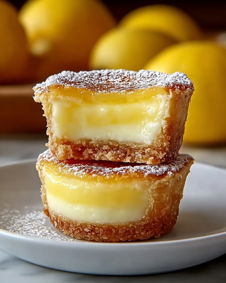 Two lemon tarts stacked on top of each other on a white plate placed on a white marbled surface. Each tart has three layers: a golden brown, crunchy crust at the bottom, a thick creamy lemon yellow filling in the middle, and a slightly browned, baked top layer dusted with white powdered sugar. In the background, there are several whole lemons blurred, adding a warm yellow tone. The image is close up, showing the texture of the crust and the smooth cream inside the tarts. photo taken with an iphone --ar 4:5 --v 7