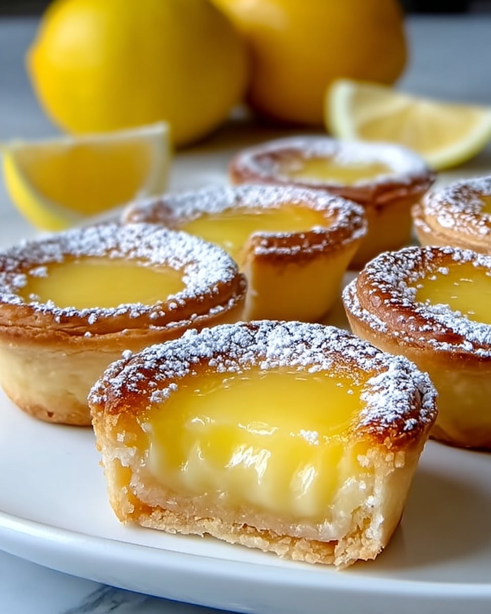 The image shows a close-up of small lemon tarts arranged on a white plate sitting on a white marbled surface. Each tart has a golden-brown, flaky crust with a bright yellow, glossy lemon filling that looks smooth and creamy. The tart in the front is cut in half, displaying one thin bottom crust layer and a thick, shiny lemon custard layer on top. The tops of the tarts are lightly dusted with white powdered sugar, creating a soft contrast to the golden crust. In the background, two whole lemons and some lemon slices are slightly blurred, adding a fresh touch to the scene. Photo taken with an iphone --ar 4:5 --v 7