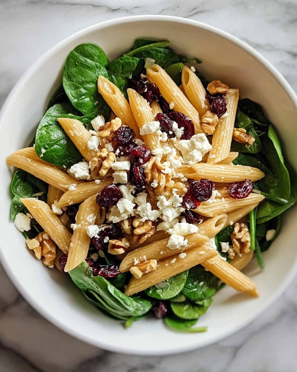 In a white bowl, there is a fresh salad with four visible layers: the bottom layer is dark green fresh spinach leaves, covered by a layer of light brown cooked penne pasta, followed by scattered dark red dried cranberries, and topped with small white crumbled cheese and uneven pieces of brown walnuts. The bowl sits on a white marbled surface. photo taken with an iphone --ar 4:5 --v 7