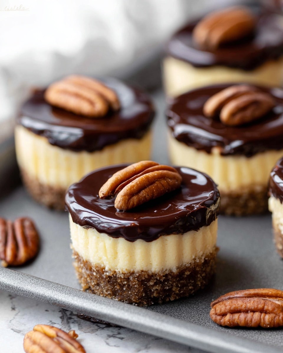 The image shows small cheesecakes with three clear layers. The bottom layer is crumbly and brown, like a cookie or nut crust. The middle layer is creamy and light yellow, soft and smooth. The top layer is a shiny dark brown circle of chocolate sauce or ganache, centered on each cheesecake, with a single whole pecan placed neatly on top. The cheesecakes sit on a grey baking tray, with a few loose pecan nuts scattered around. The close-up view highlights the textures of each layer and the natural shine on the topping. The background is a white marbled texture. photo taken with an iphone --ar 4:5 --v 7