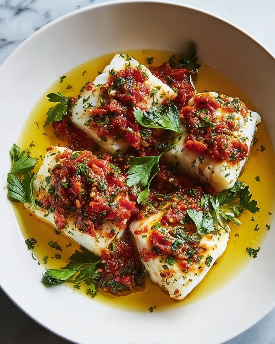 This image shows a white bowl filled with three pieces of grilled white fish, each piece placed close to each other. The fish has light golden-brown grill marks and is partially covered with bright green fresh herb leaves, likely cilantro. Around the fish, there is a deep orange-red broth or sauce that surrounds the fish pieces. On top and around the fish, there are small slices of red cherry tomatoes, some with seeds showing. The overall texture of the fish is flaky and moist, while the broth looks slightly oily with small bits of seasoning visible. The bowl sits on a white marbled surface. photo taken with an iphone --ar 4:5 --v 7