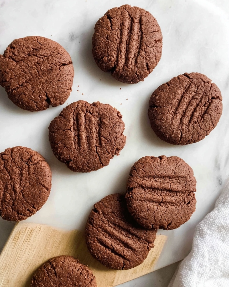 A white round plate holds a single layer of nine dark brown cookies arranged closely together, each with visible fork marks creating parallel lines on their slightly cracked, textured surface. The plate sits on a soft, white marbled texture background, giving a clean and cozy look to the image. The cookies appear thick and soft with an uneven round shape, and their rich chocolate color stands out against the white plate and background. photo taken with an iphone --ar 4:5 --v 7