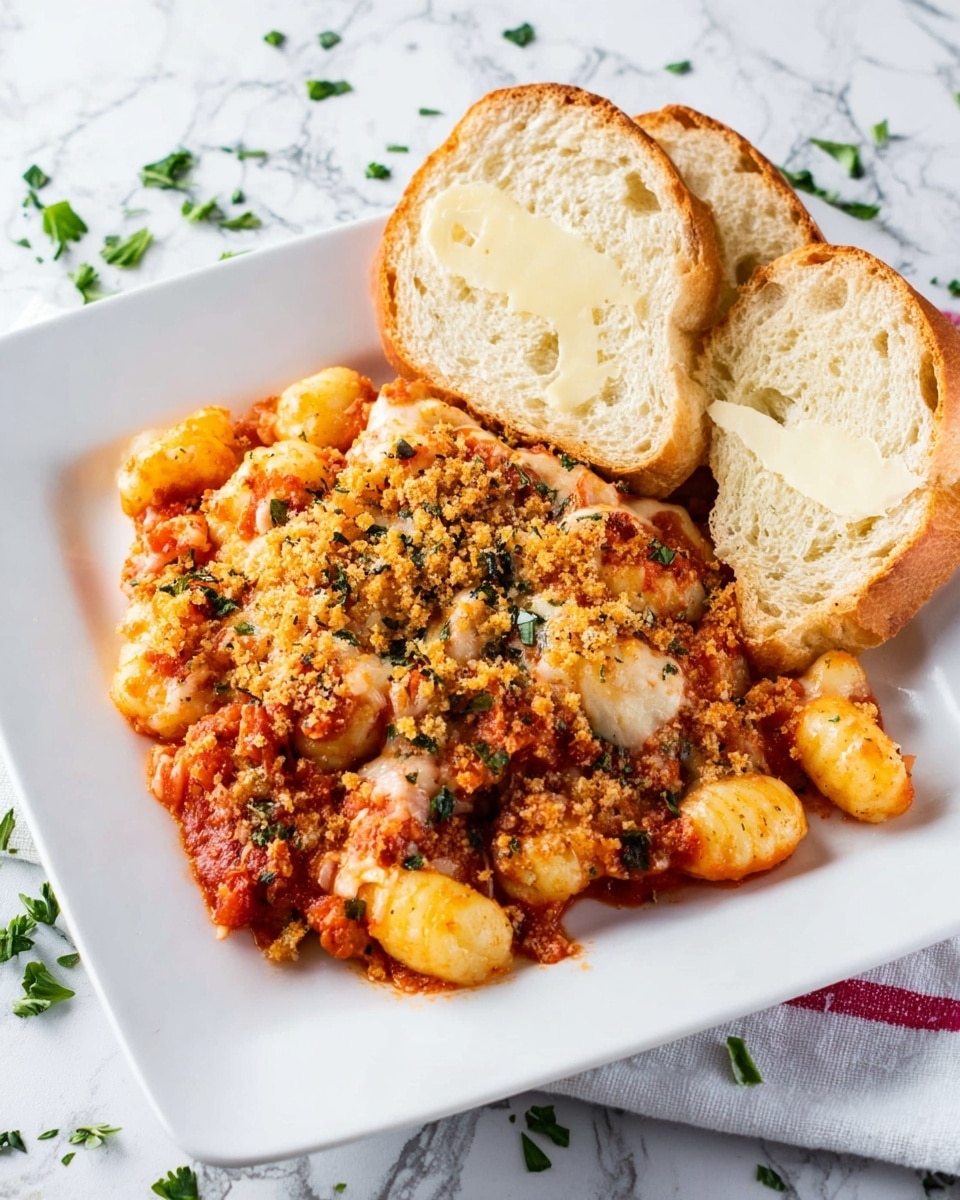 A white square plate shows a dish with two main parts. The first part is a baked gnocchi mix with three layers: at the bottom are small, soft gnocchi pieces colored pale yellow; the middle layer is a bright red tomato sauce with bits of melted white cheese pulling through; on top is a golden brown crumbly layer sprinkled with chopped green herbs. To the right side of the plate are two slices of thick, white bread with visible butter spread in soft, creamy patches. The plate rests on a white marbled surface with scattered green herbs around it. photo taken with an iphone --ar 4:5 --v 7
