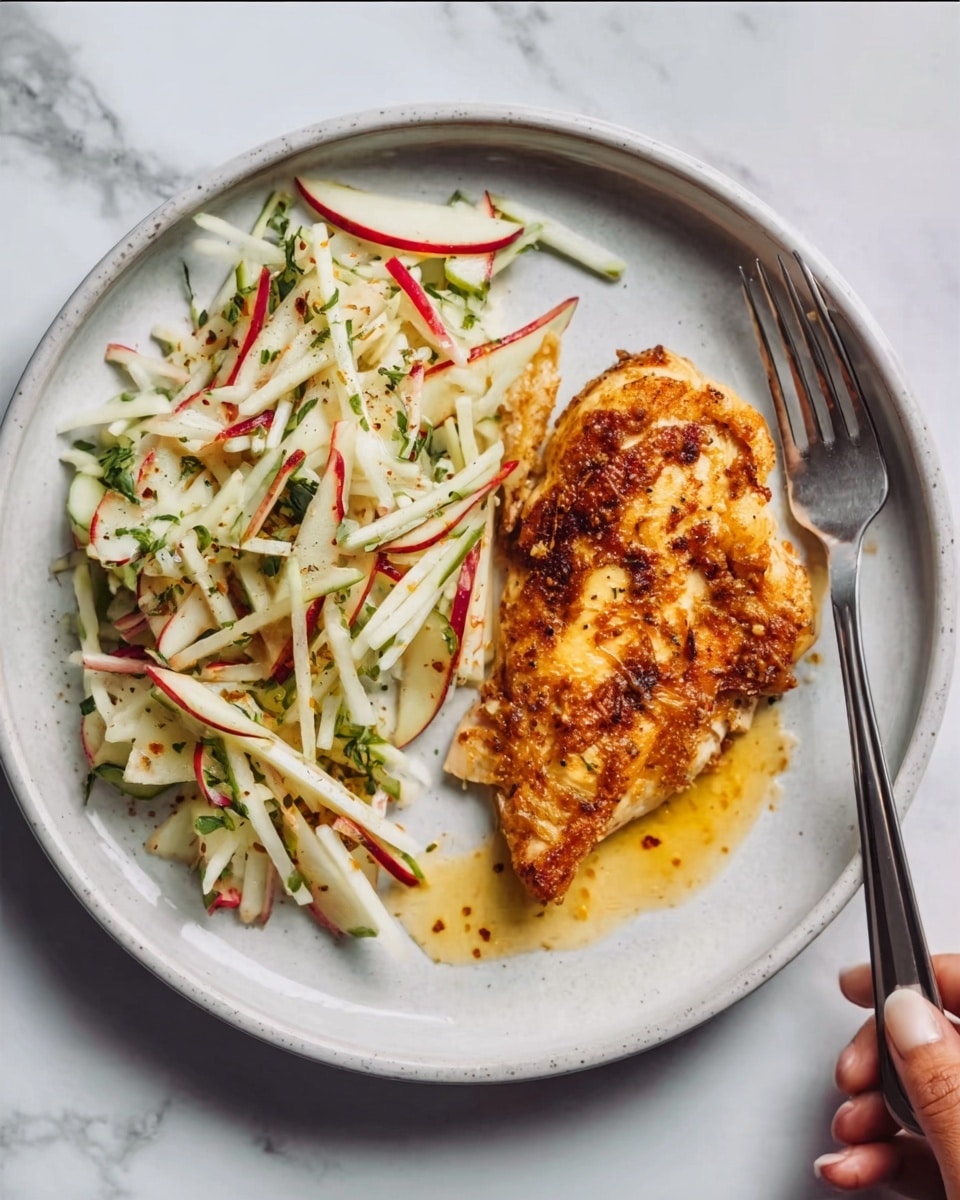 The image shows a white plate on a white marbled surface with a piece of cooked chicken breast on the right side, golden brown with a crispy texture and some sauce around it. On the left side of the plate is a fresh salad made of strips of white and light green vegetables mixed with thin red slices, sprinkled lightly with herbs. The salad has a light dressing that gives it a slight shine. A woman's hand is holding a fork above the plate. Photo taken with an iphone --ar 4:5 --v 7