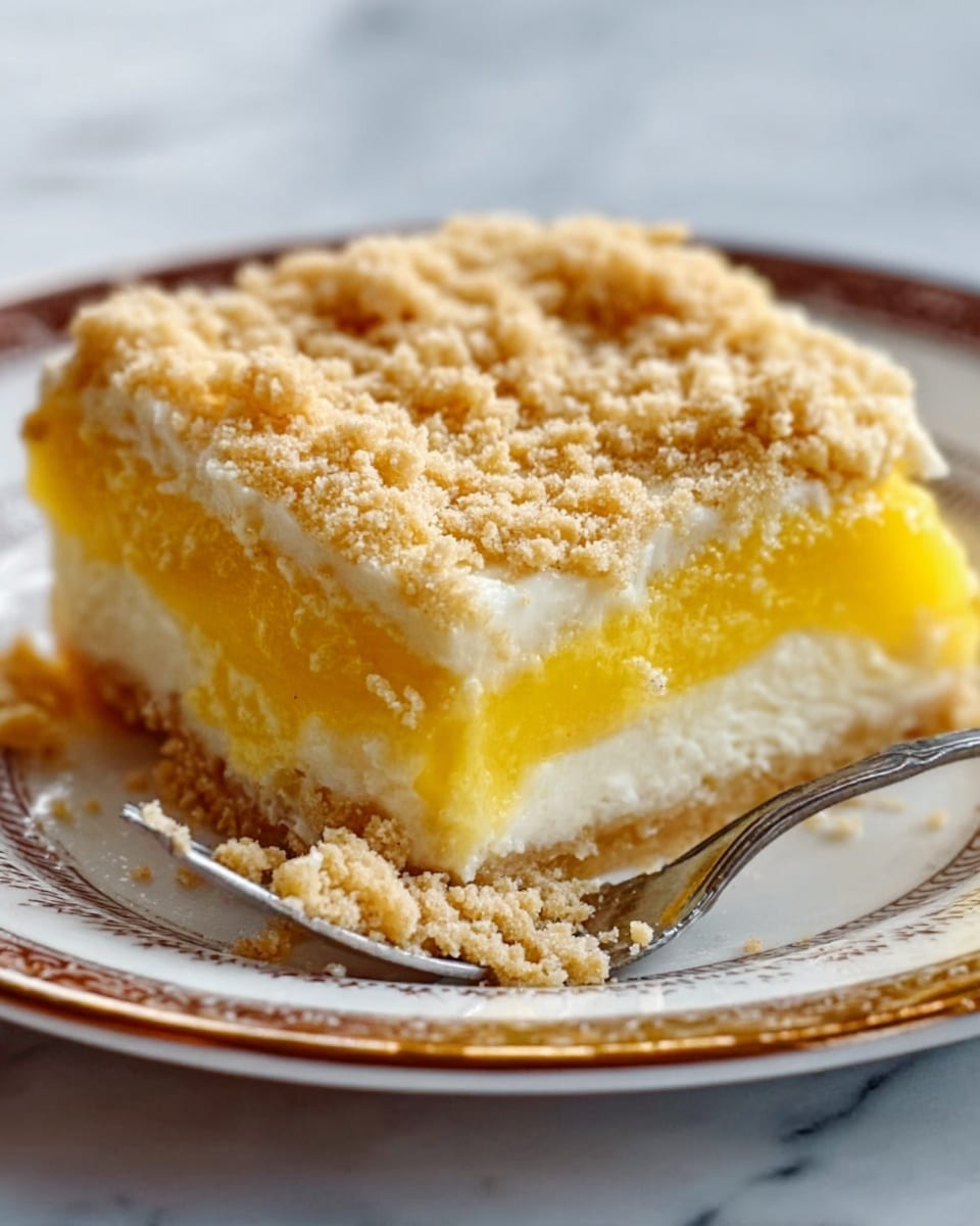 The image shows a close-up of a dessert slice on a white plate with a brown decorated rim, placed on a white marbled surface. The dessert has three layers: a bottom white creamy layer, a thick bright yellow middle layer, and a crumbly light brown topping with a coarse texture. A silver fork is partially stuck into the dessert near the front edge of the plate. The colors of the layers are soft and inviting, and the crumb topping appears dry and sandy. The lighting highlights the creamy texture of the dessert. Photo taken with an iphone --ar 4:5 --v 7