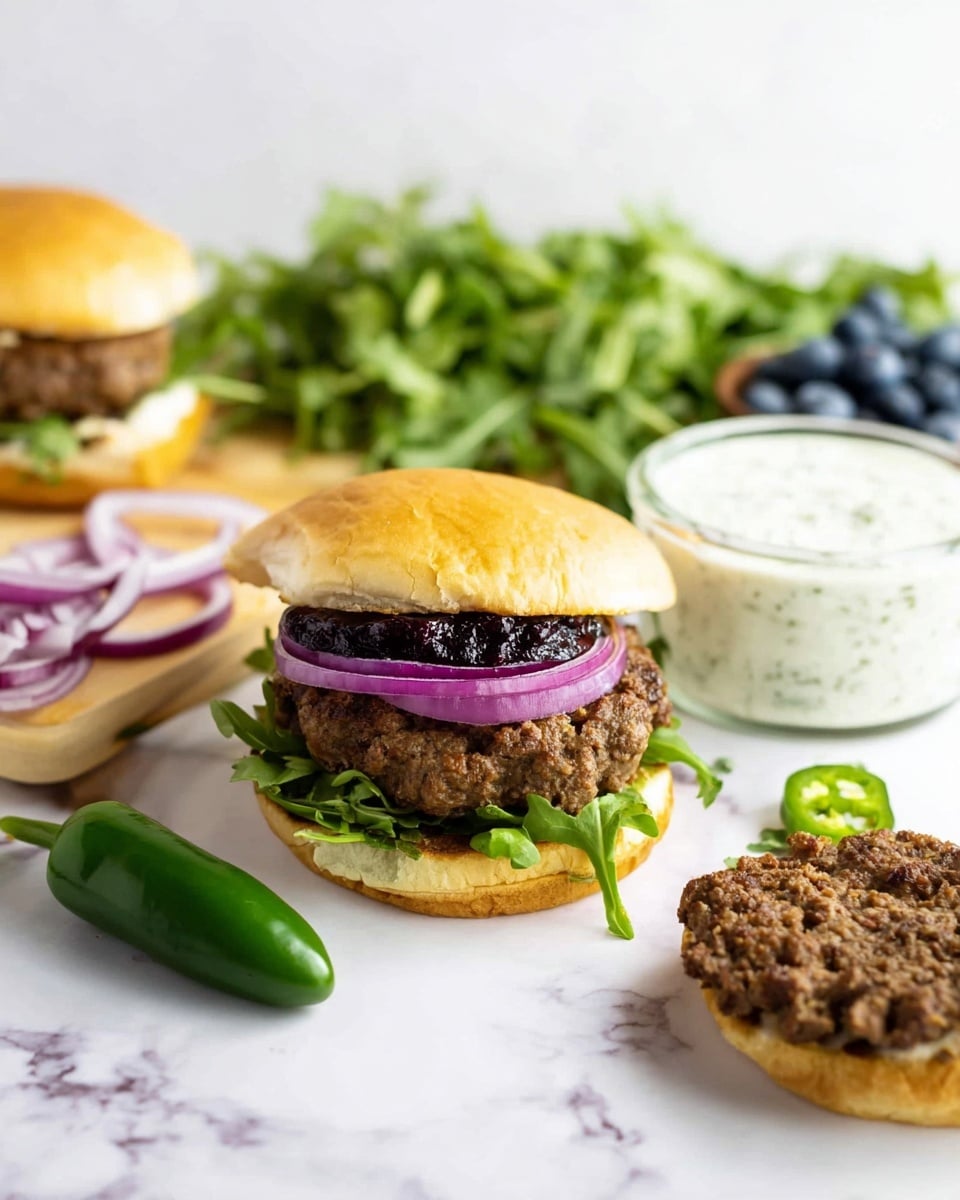 The image shows a burger with several layers on a white background with scattered blueberries and green jalapeños. One burger is fully assembled on a white plate, layered with a soft light brown bun on top, dark purple jam, fresh arugula leaves, red onion rings, and a cooked, textured brown beef patty. Another open burger sits in the foreground with the bottom bun visible, topped by the cooked beef patty that has a coarse, uneven surface. Beside it are light purple onion rings and the top bun piece off to the side. A small glass bowl of creamy white sauce mixed with green herbs rests on a light wooden board in the background surrounded by more fresh green arugula. The surface beneath everything is a white marbled texture. Photo taken with an iphone --ar 4:5 --v 7
